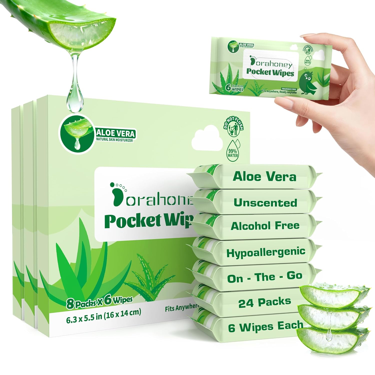 Thumbnail 6 de Dorahoney Mini Feuchttücher Reisegröße – unparfümiert, 99% Wasser mit Aloe Vera (48 St.)