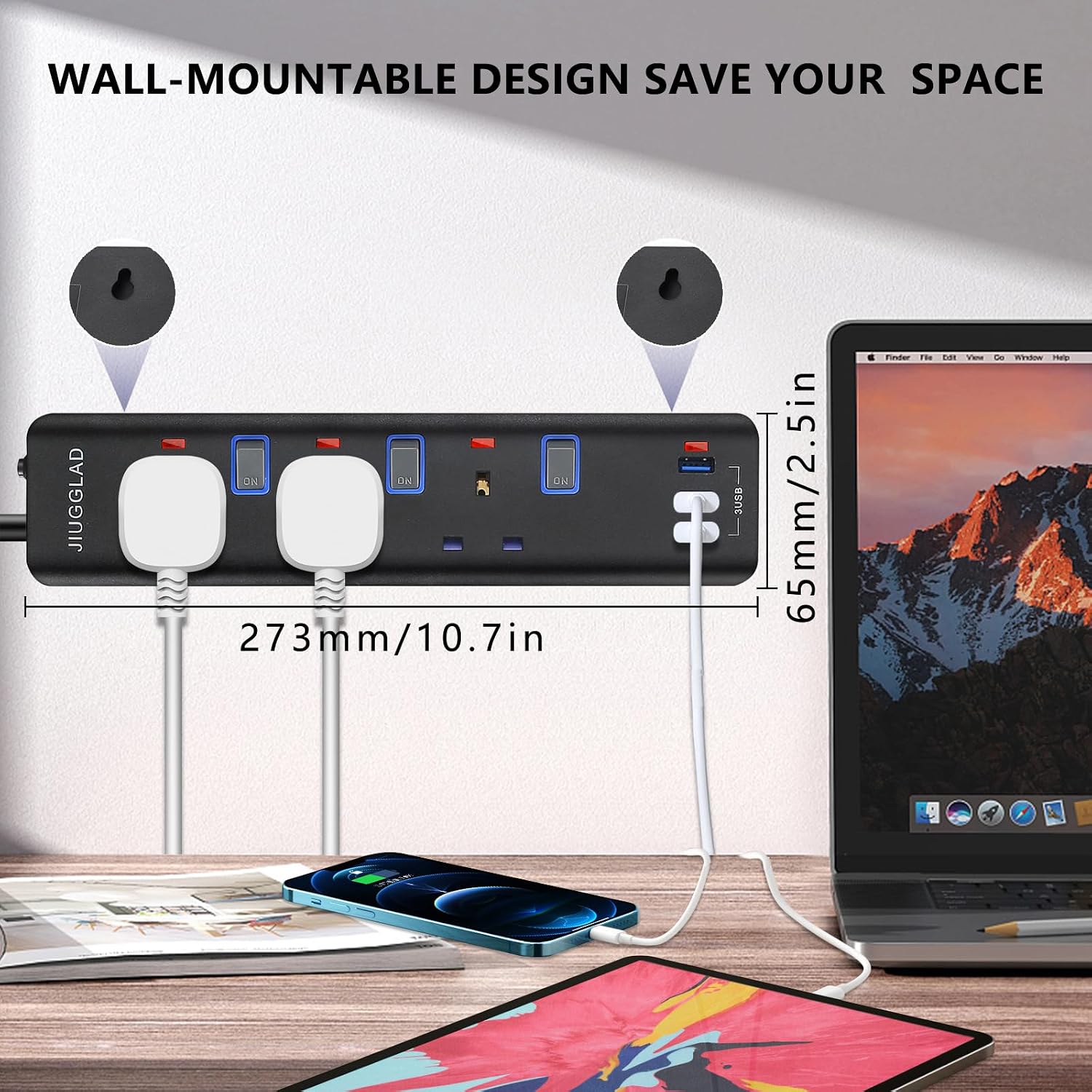 Detalle 2 de Extension Lead with USB Slots(3 USB), 1.8M Extension Cable, 3 Way Plug Extension Socket with Individual Switches, Wall Mount Extension Cord for Home, Office
Extension Lead with USB Slots(3 USB), 1.8M Extensi…