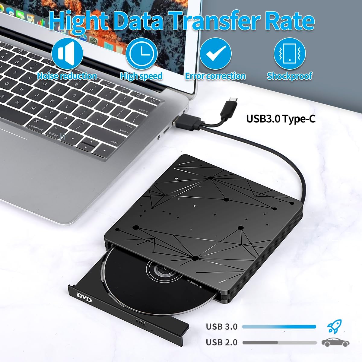 Detalle 2 de LMEN Externes CD/DVD-Laufwerk USB 3.0 – Tragbares CD-ROM/DVD-Laufwerk für Laptop & PC