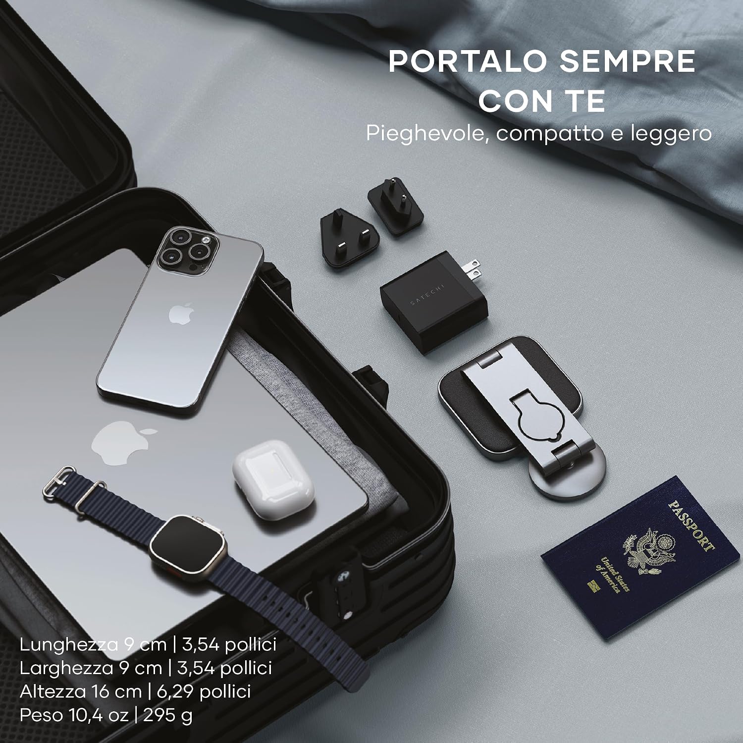 Detalle de SATECHI OntheGo™ Caricatore Wireless Pieghevole 3 in 1 (Stazione di Ricarica Magnetica 15W) certificata Qi2