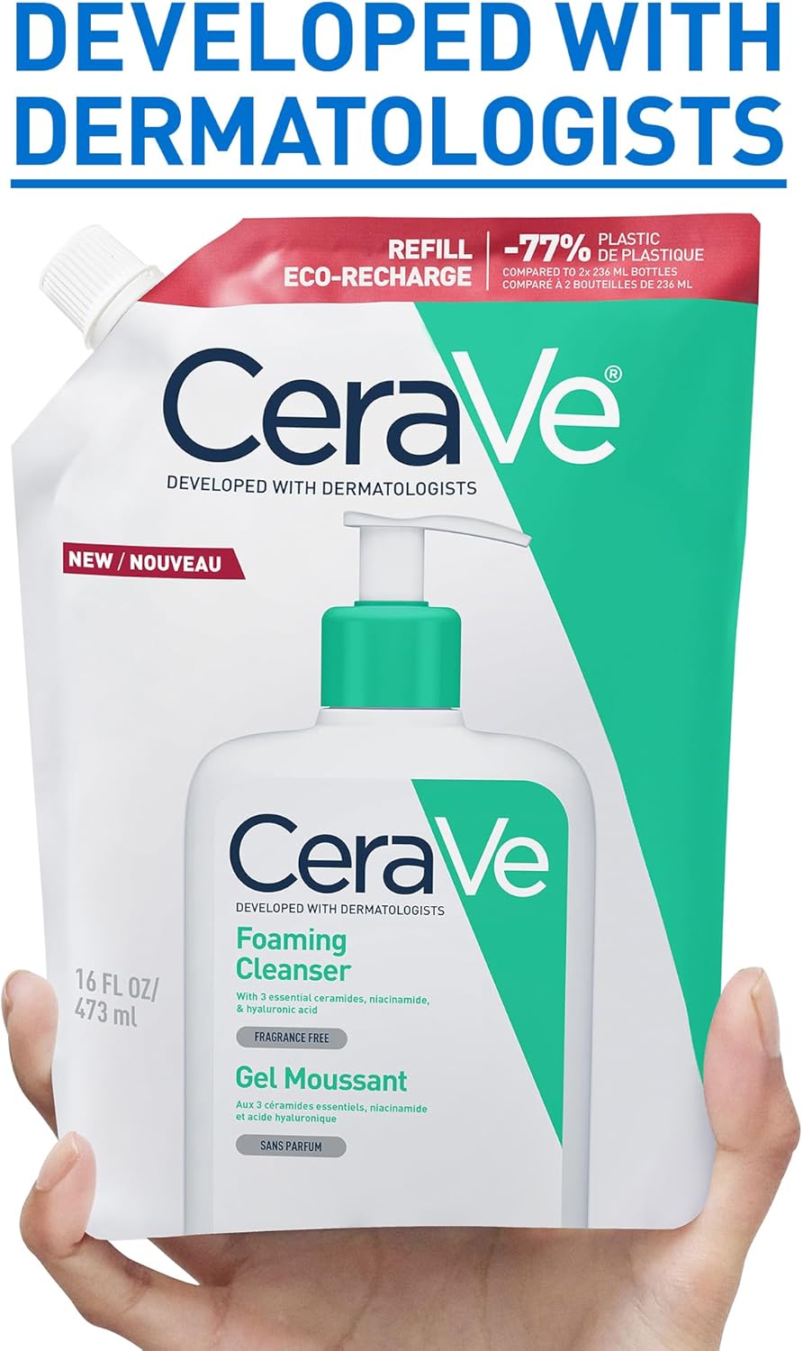 Detalle de CeraVe Hydrating Foaming Cleanser for Normal to Oily Skin (Refill Pouch, 473ml) with Hyaluronic Acid and 3 Ceramides