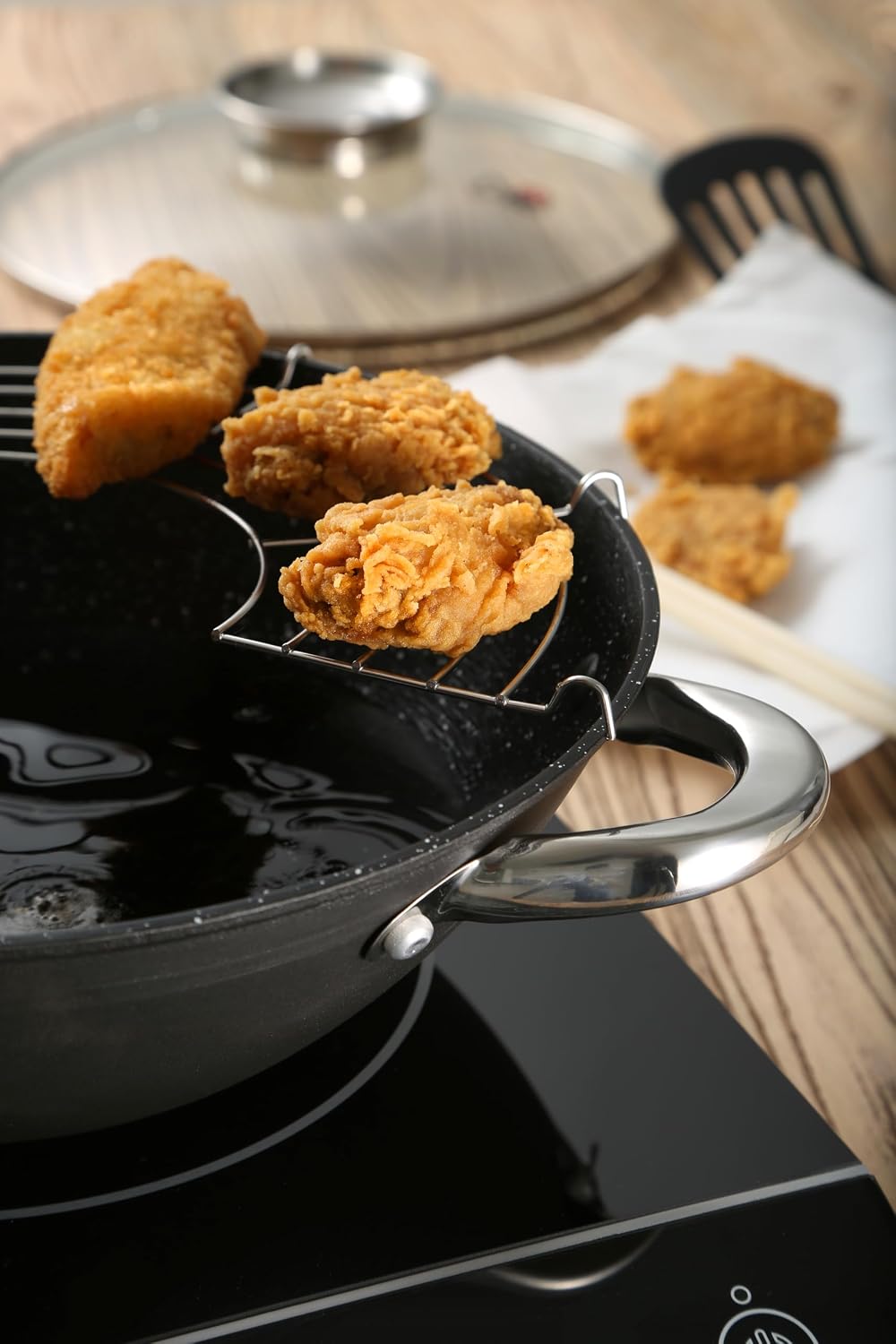 Detalle de RENBERG Wasabi Wok 🍳 | Sartén Multifuncional con Tapa de Vidrio