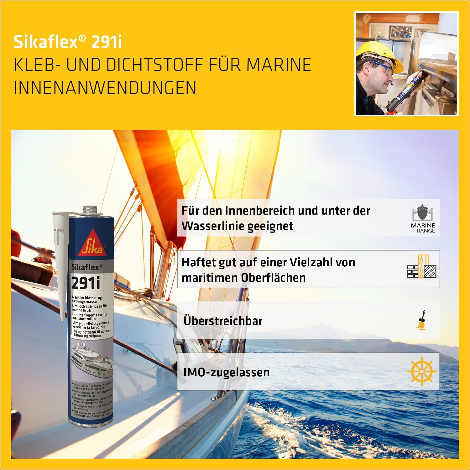 Thumbnail 2 de Sika Sikaflex-291i Schwarz – hochelastischer Dichtstoff für den Marinebereich, überlackierbar, 300 ml