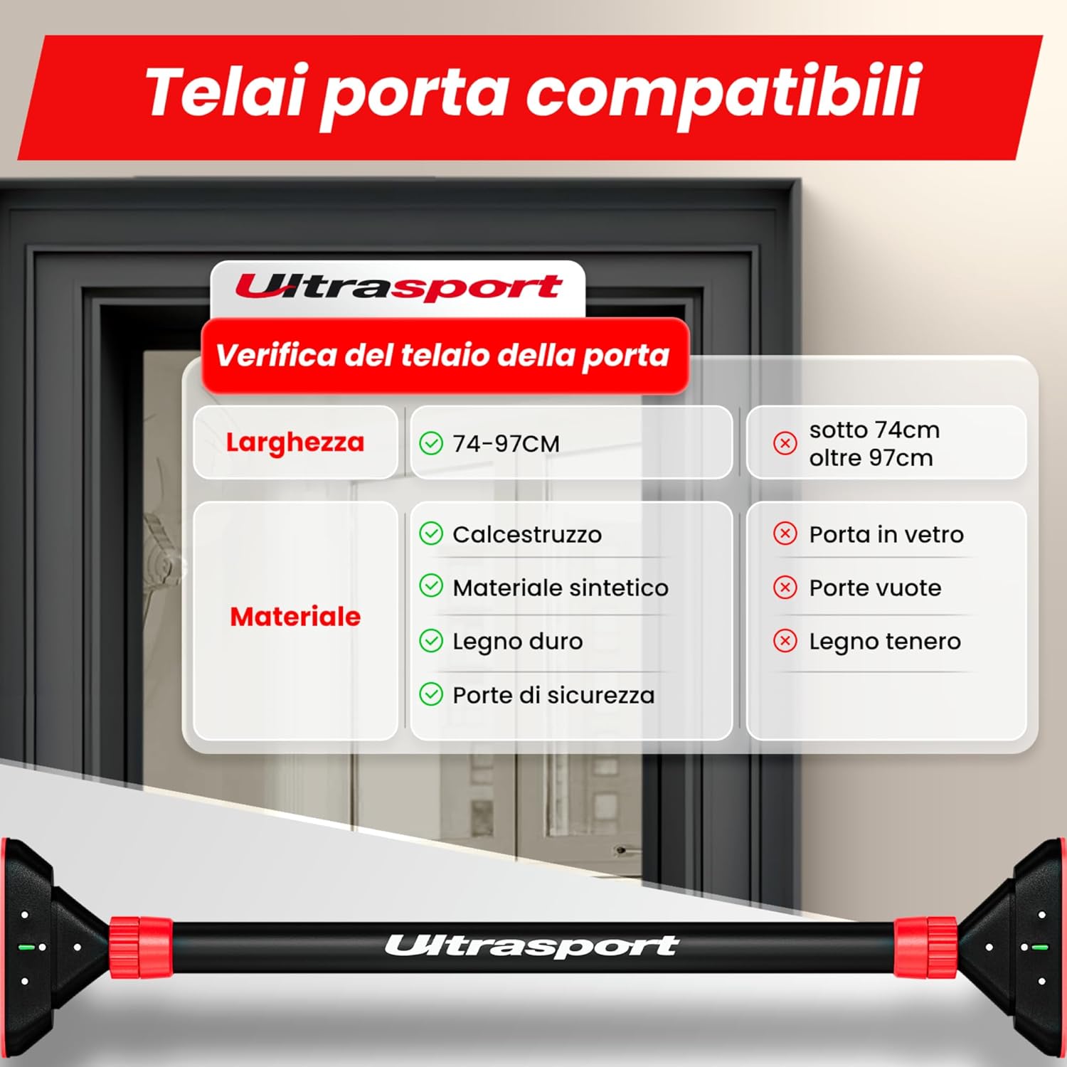 Detalle de Ultrasport Barra per trazioni: barra per porta regolabile 66,5–93 cm, senza viti, antiscivolo e presa in schiuma