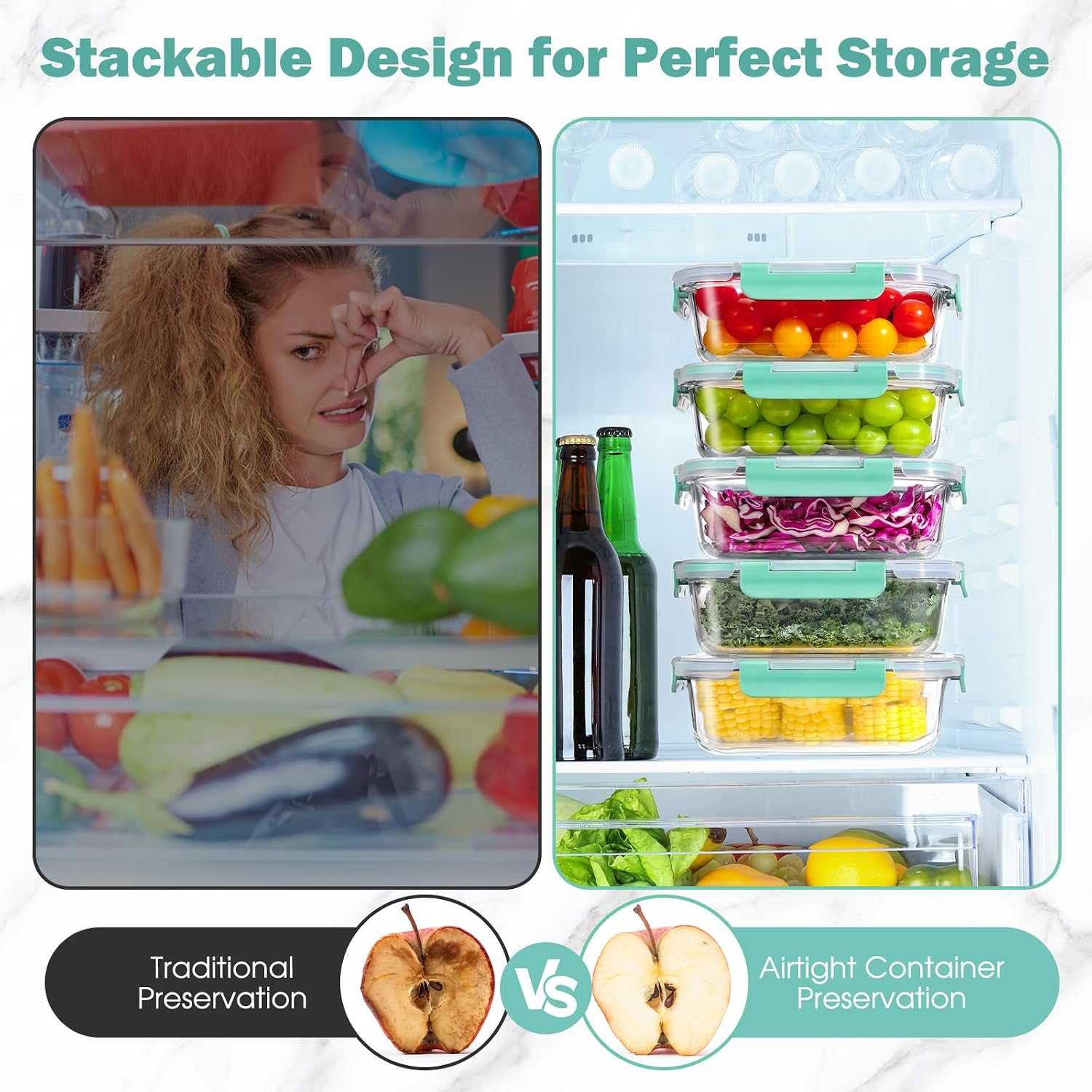 Detalle de YASHE Glass Containers with Lids, 10 Pack – Thick, Durable Stackable Glass Meal Prep Containers