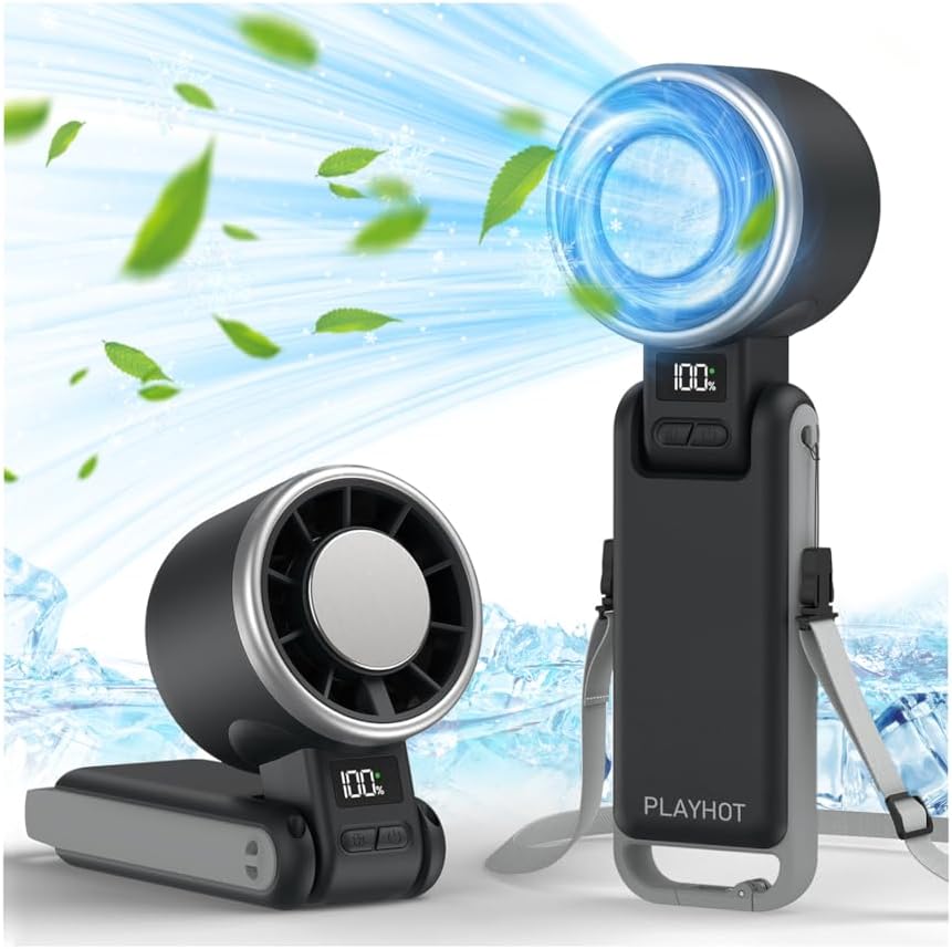 PlayHot Portable Handheld Turbo Fan with Ice Cooling (Rechargeable, Black) — Up to 12H Cooling, 5 Speeds