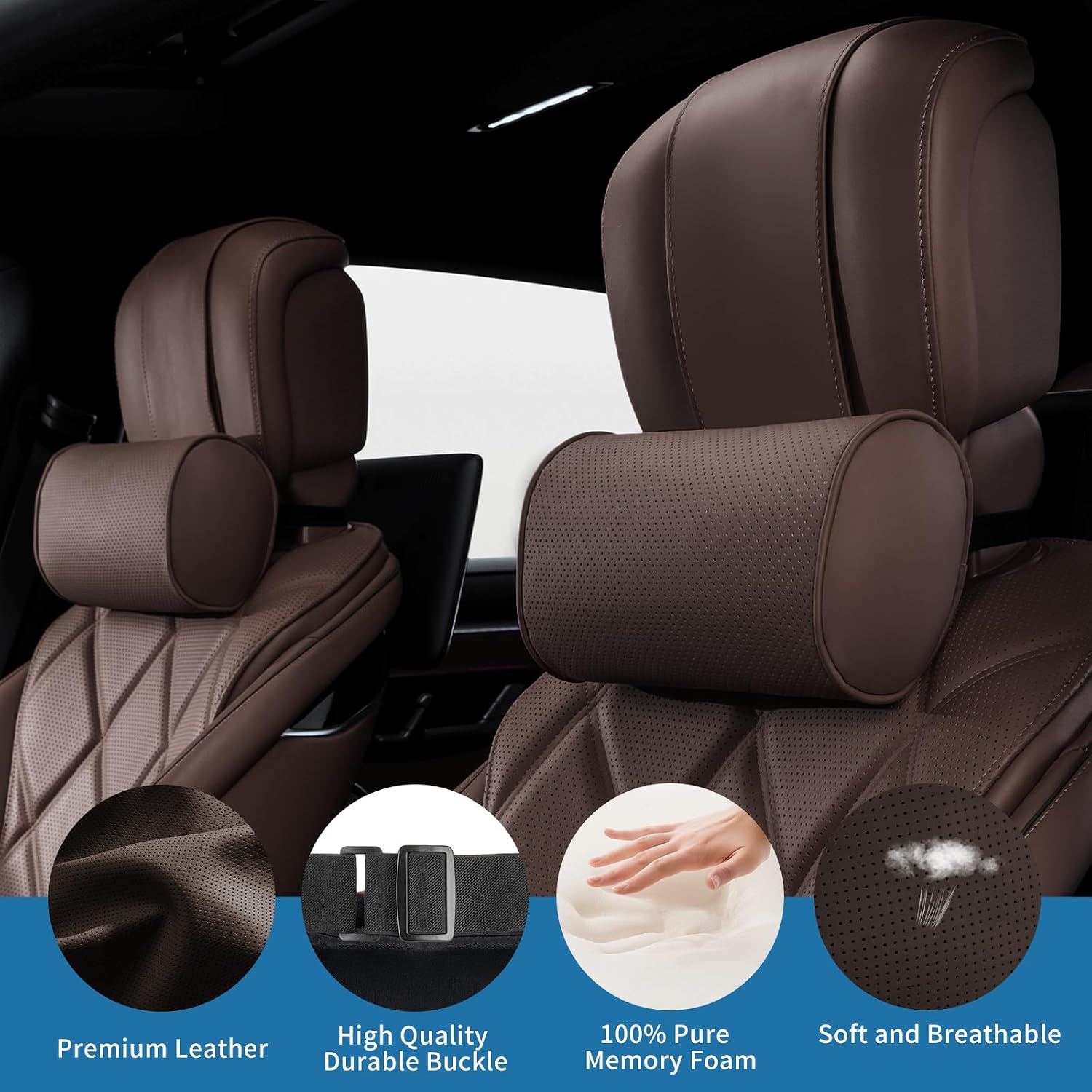 Thumbnail 2 de Dapucarin Auto Nackenkissen aus 100% Memory Foam mit abnehmbarer Leder-Abdeckung – 2er-Set, Braun
