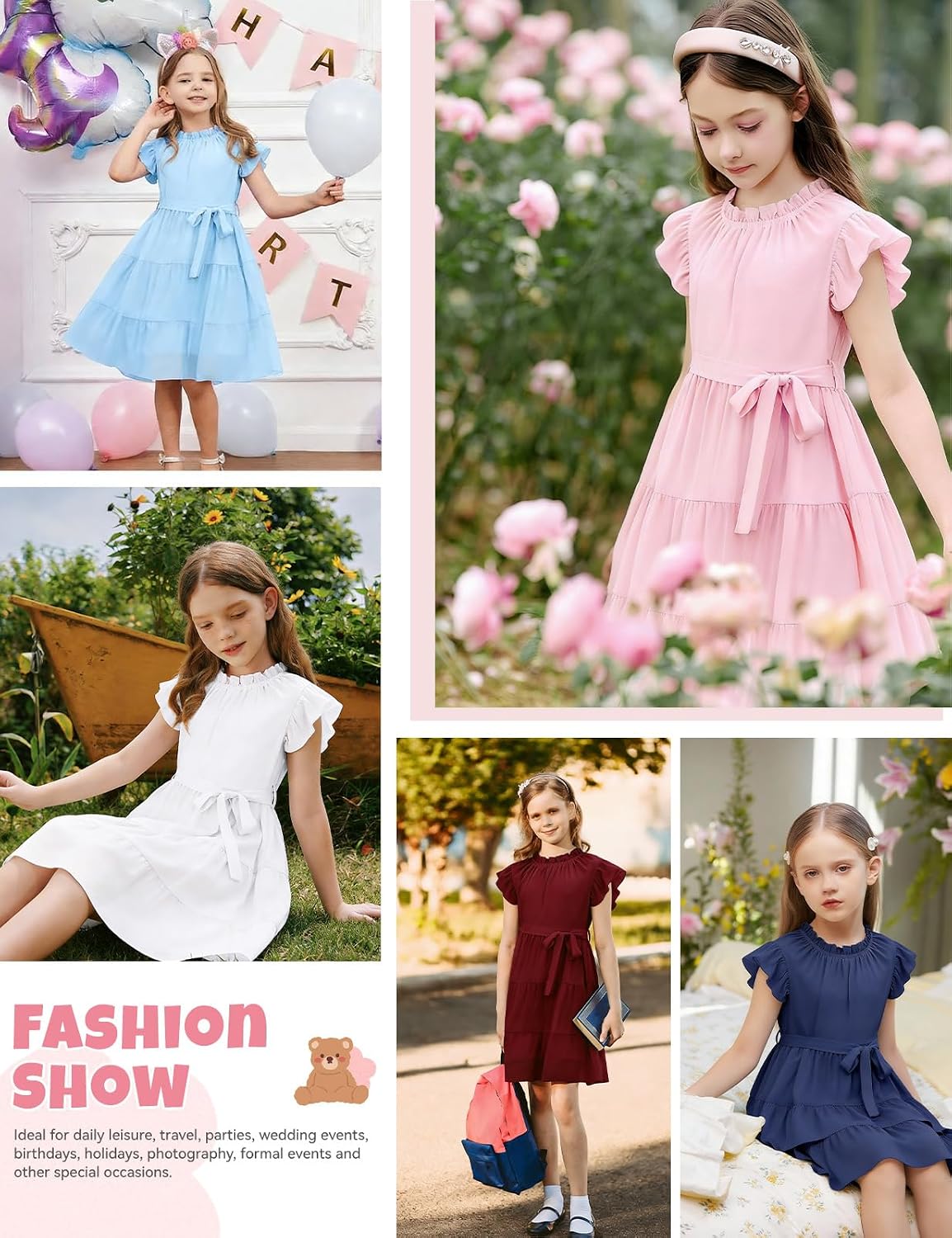 Detalle 2 de Robe d’été Fashora pour fille — Manches à volants, col rond et ceinture amovible