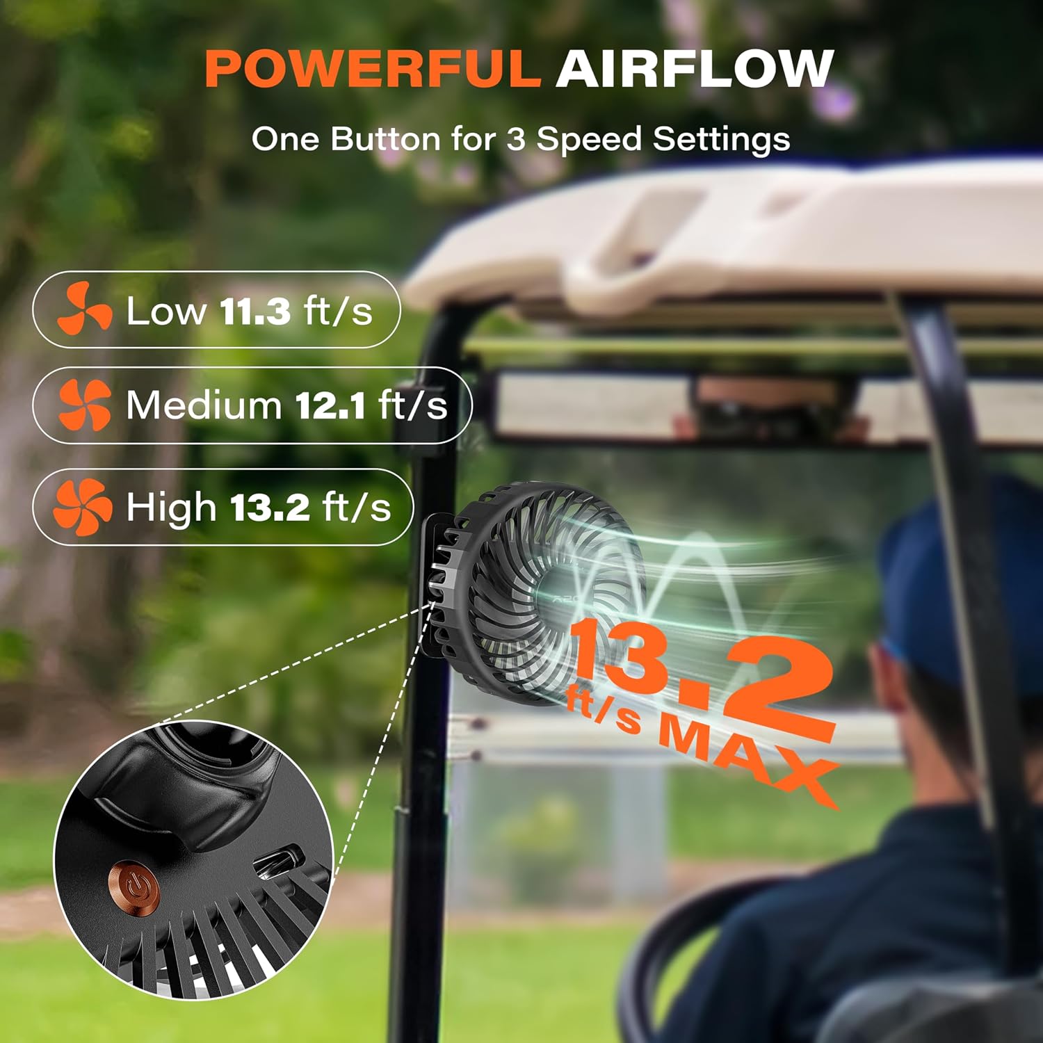 Detalle de A2C Golf Cart Fan with Rechargeable Magnetic Base — 2 Pack, 3 Speeds, 360° Rotatable