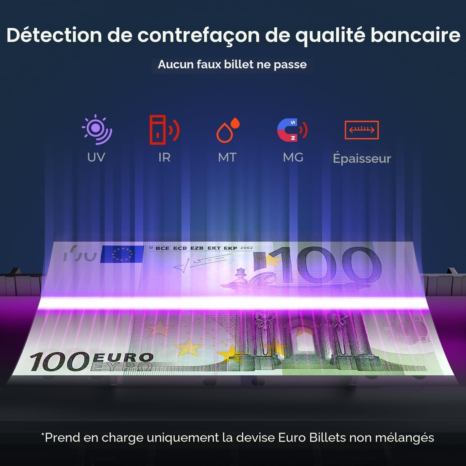 Detalle de MUNBYN IMC51: Compteur d’argent EUR 1100 billets/min avec détection UV/IR/MG et mode Ajout + Lot