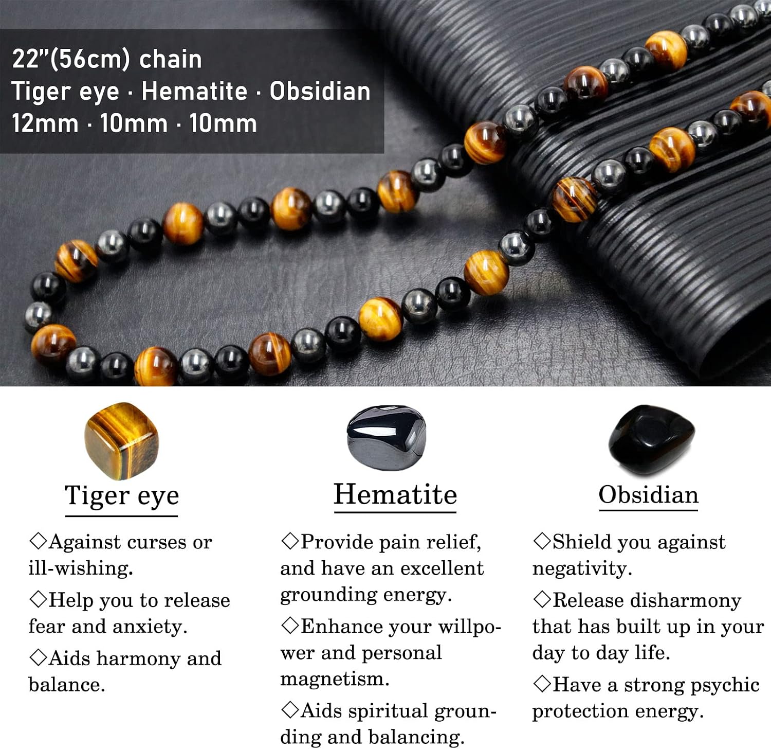 Detalle 2 de GENASTO Healing Crystal Necklace: Black Obsidian, Tiger Eye & Hematite for Triple Protection