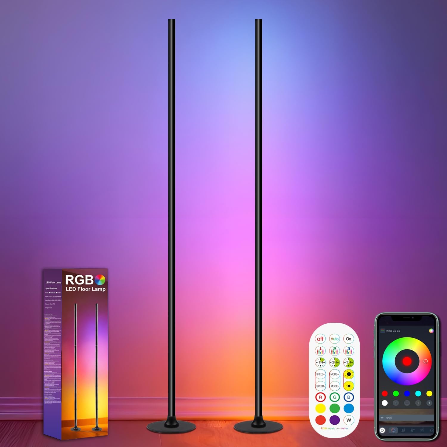 Detalle de ONSTUY WS8812B led-vloerlamp, set van 2, 1,2 m, dimbaar RGBW met app