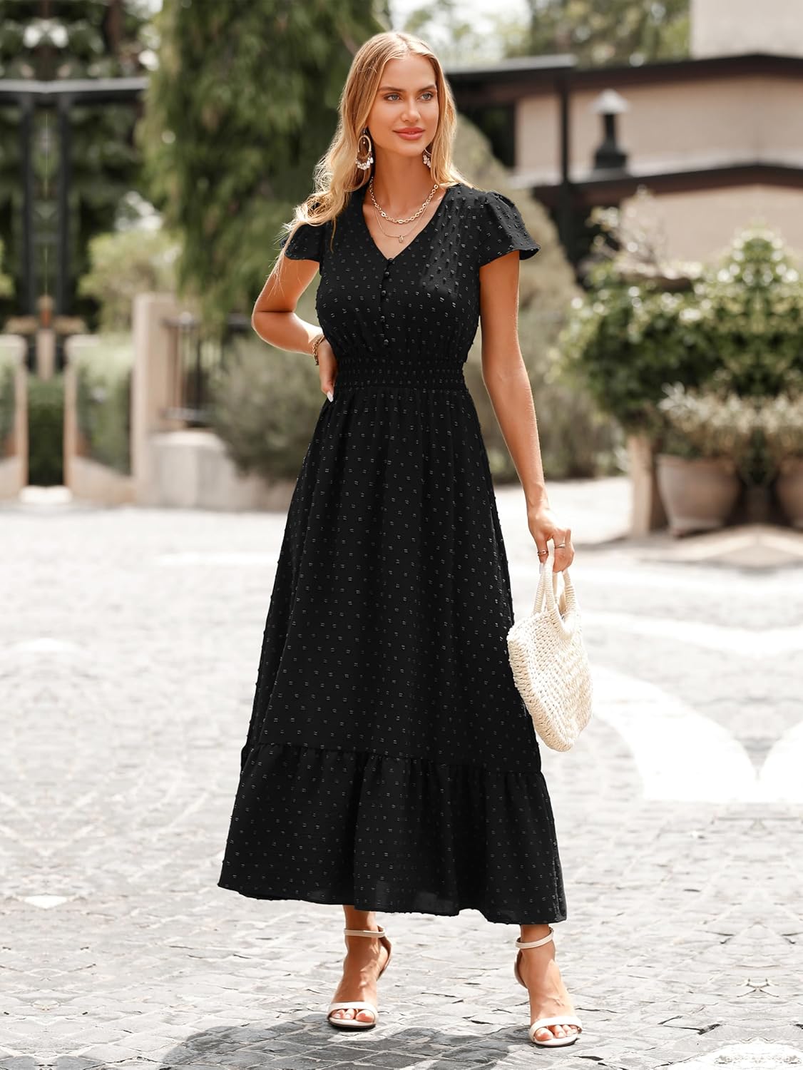 Detalle de PRETTYGARDEN 2026 Summer Maxi Dress — Boho Swiss Dot, V-Neck, Smocked Waist, Flowy Tiered Design