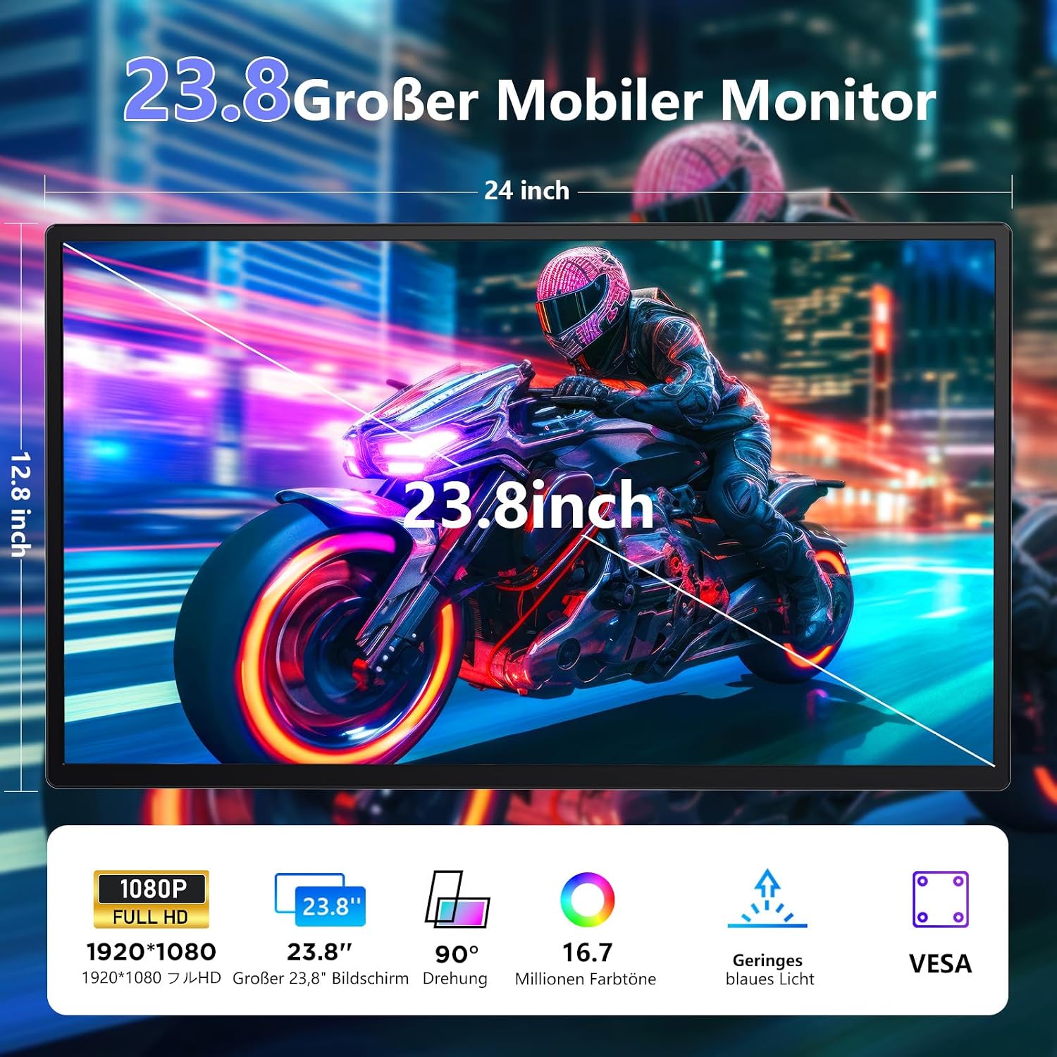 Detalle de 23,8'' Portable Monitor mit Kickstand und IPS 1080p – Vielseitige Erweiterung für Laptop, PC, Mac und Konsolen