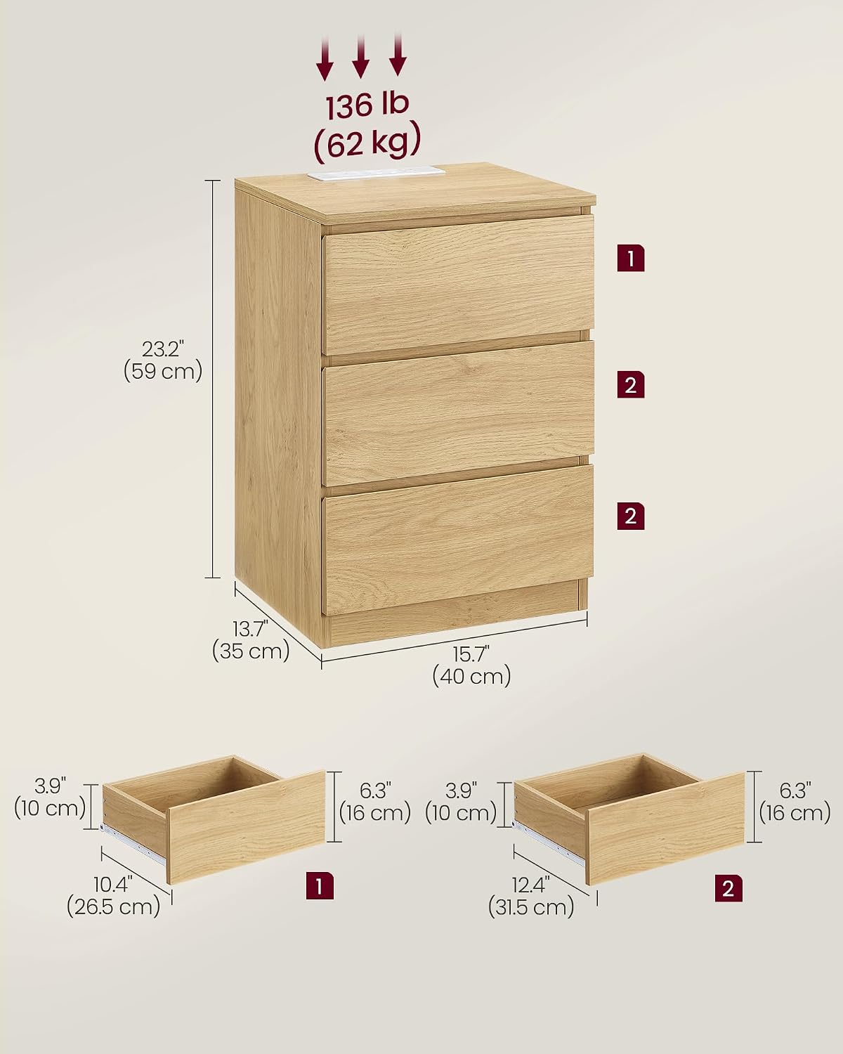 Detalle 2 de VASAGLE LET631Y71 KAILYN Bedside Table with 3 Drawers and Charging Station