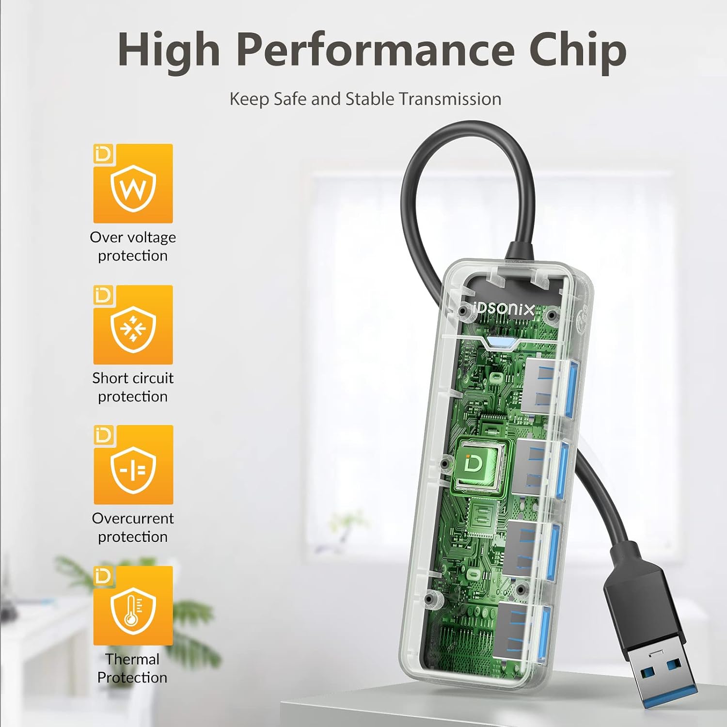 Detalle de iDsonix USB 3.0 Hub with 180cm Cable — 4-Port Ultra Slim Extension for Laptop, PC and Mac