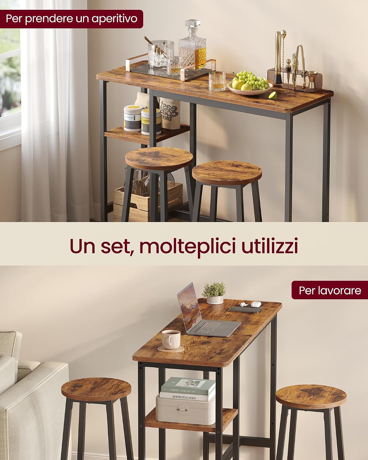 Detalle 2 de VASAGLE LBT220KD01 Tavolo con 2 Sgabelli 63,5 cm
