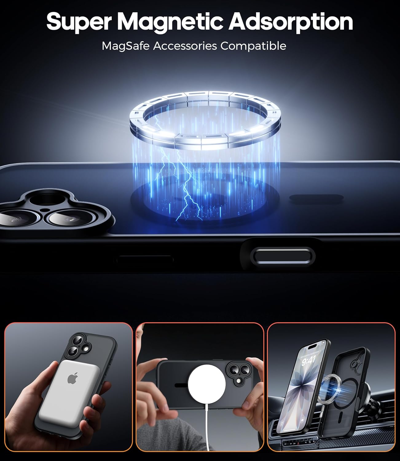 Thumbnail 4 de FLLAO Coque magnétique iPhone 17 6,3" avec 2 verres trempés et protection d’objectif — MagSafe, coque translucide mat anti-choc