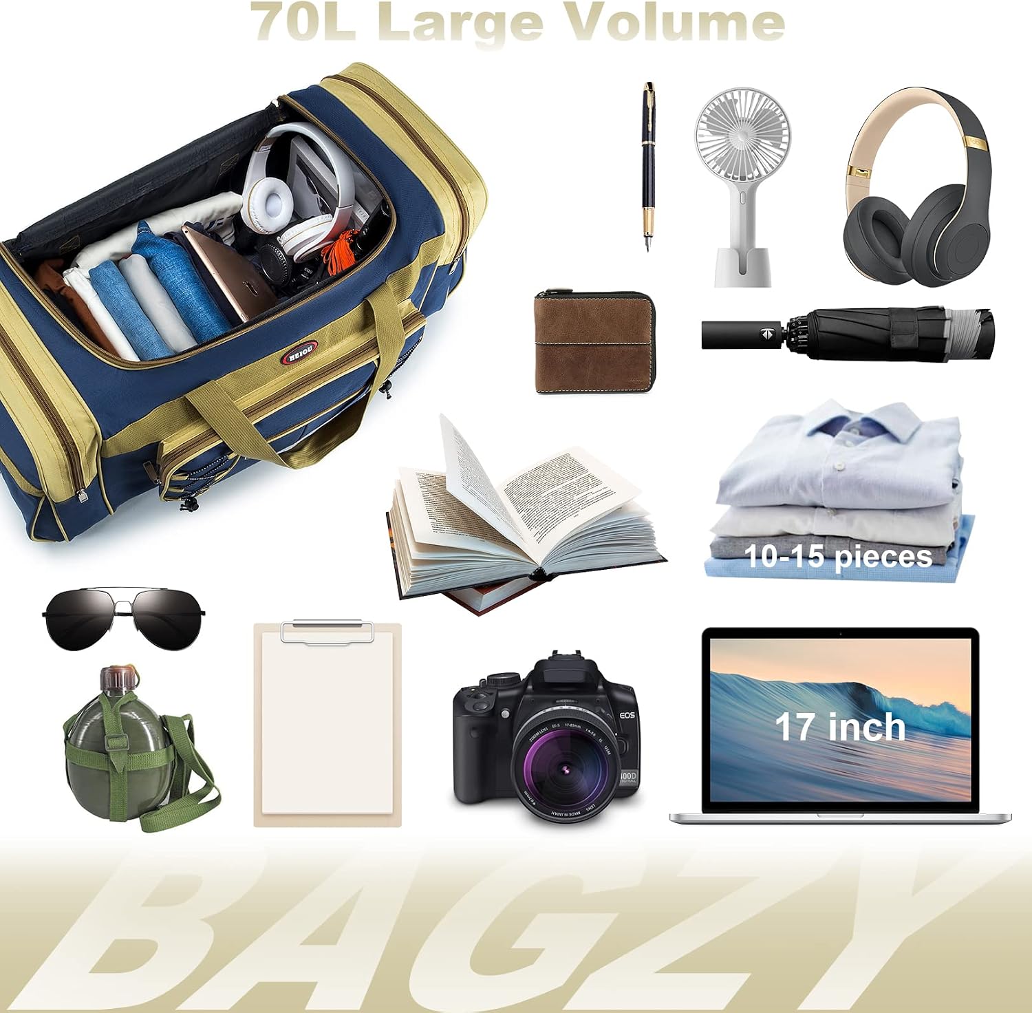Detalle de BAGZY B363 70L Foldable Travel Duffle Bag in Green and Yellow