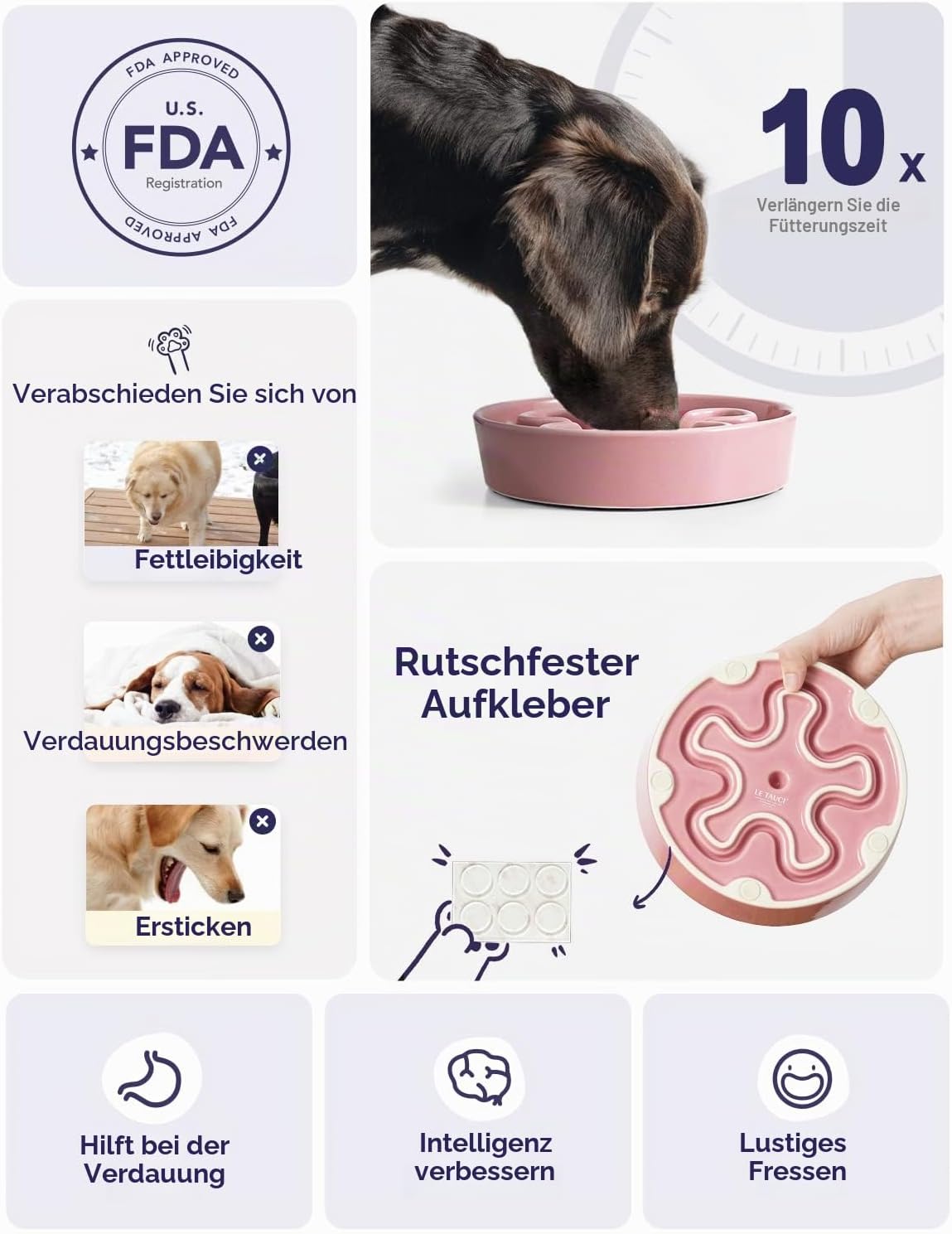 Detalle de LE TAUCI Keramik-Hundenapf – langsames Fressen, rutschfest, Bloom Rosa, 675 ml