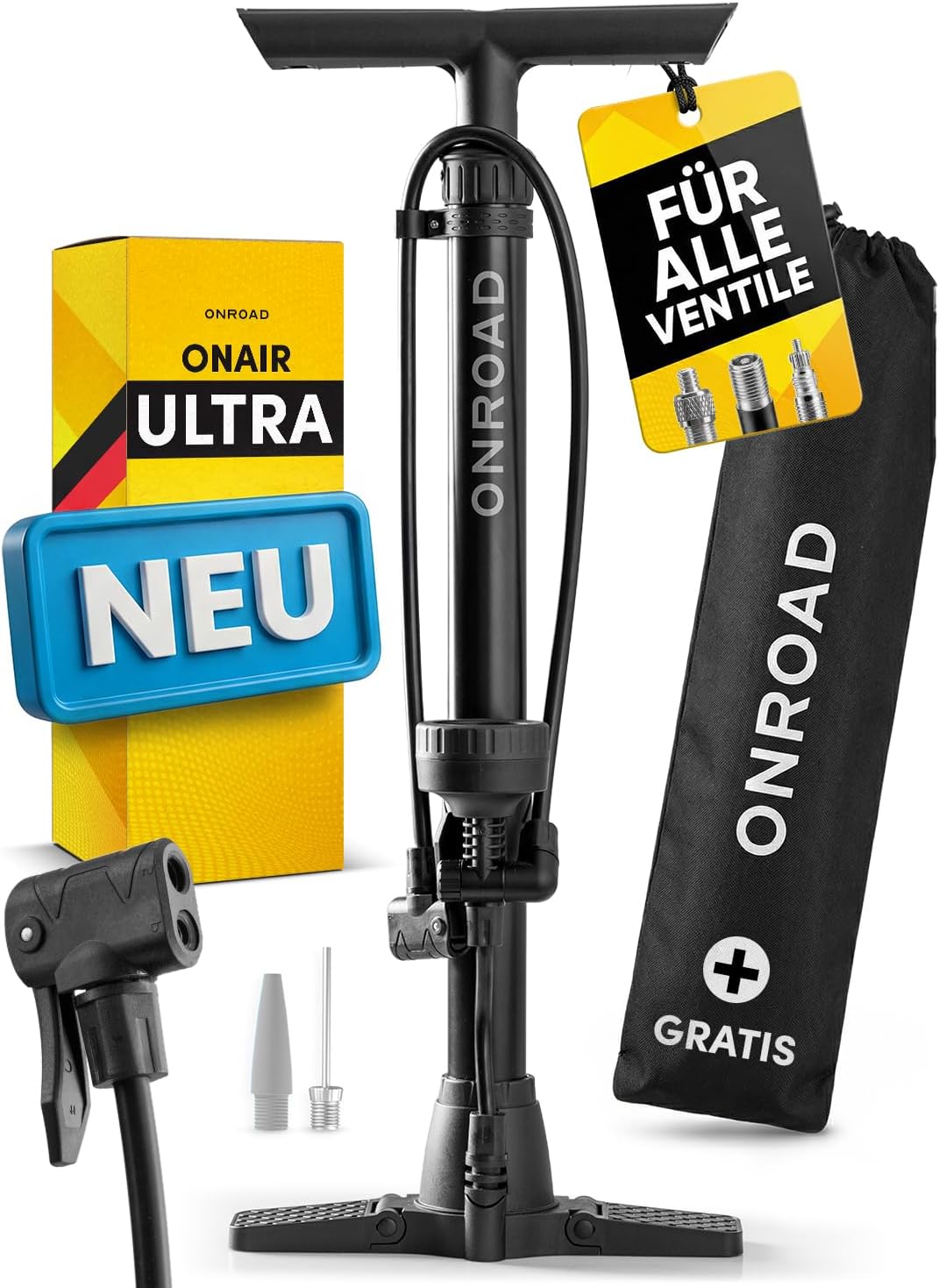 Detalle de ON‑AIR Fahrradpumpe für alle Ventile (Presta/SV, AV, DV) – Standluftpumpe mit großem Manometer, Adapter & Ballnadel