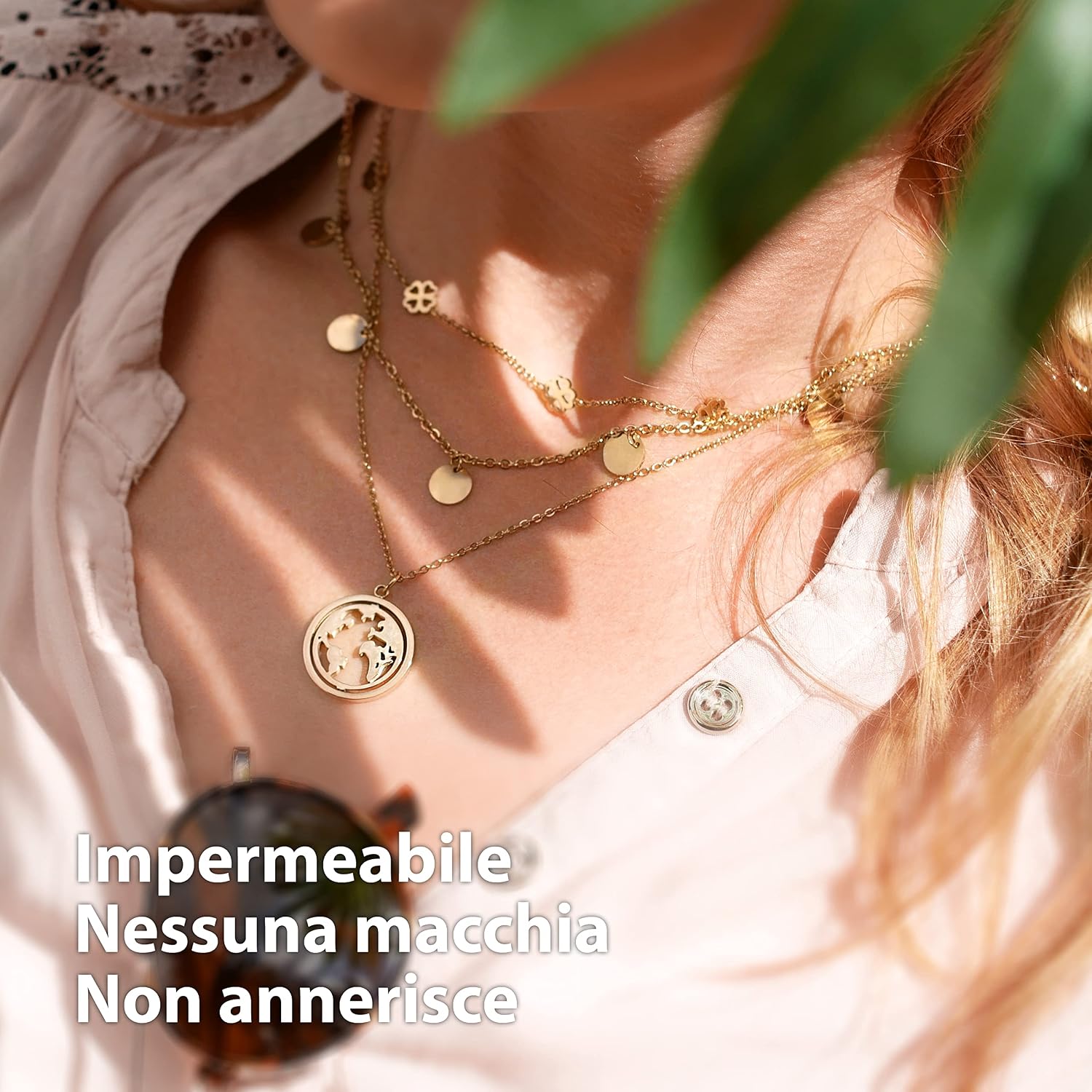 Detalle de BONNYBIRD BonnyCoin collana estiva donna in acciaio inox argento, oro e oro rosa regolabile 38–44 cm, impermeabile e senza nichel