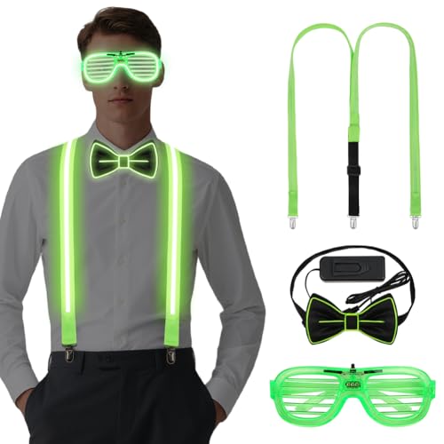 Alaoo Gafas LED Luminosas, Conjunto de Gafas + Pajarita + Tirantes Luminosos en Verde