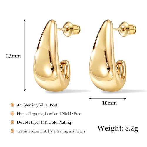 Detalle de Dochais Chunky Gold Earrings for Women – 925 Sterling Silver Hoop Earrings