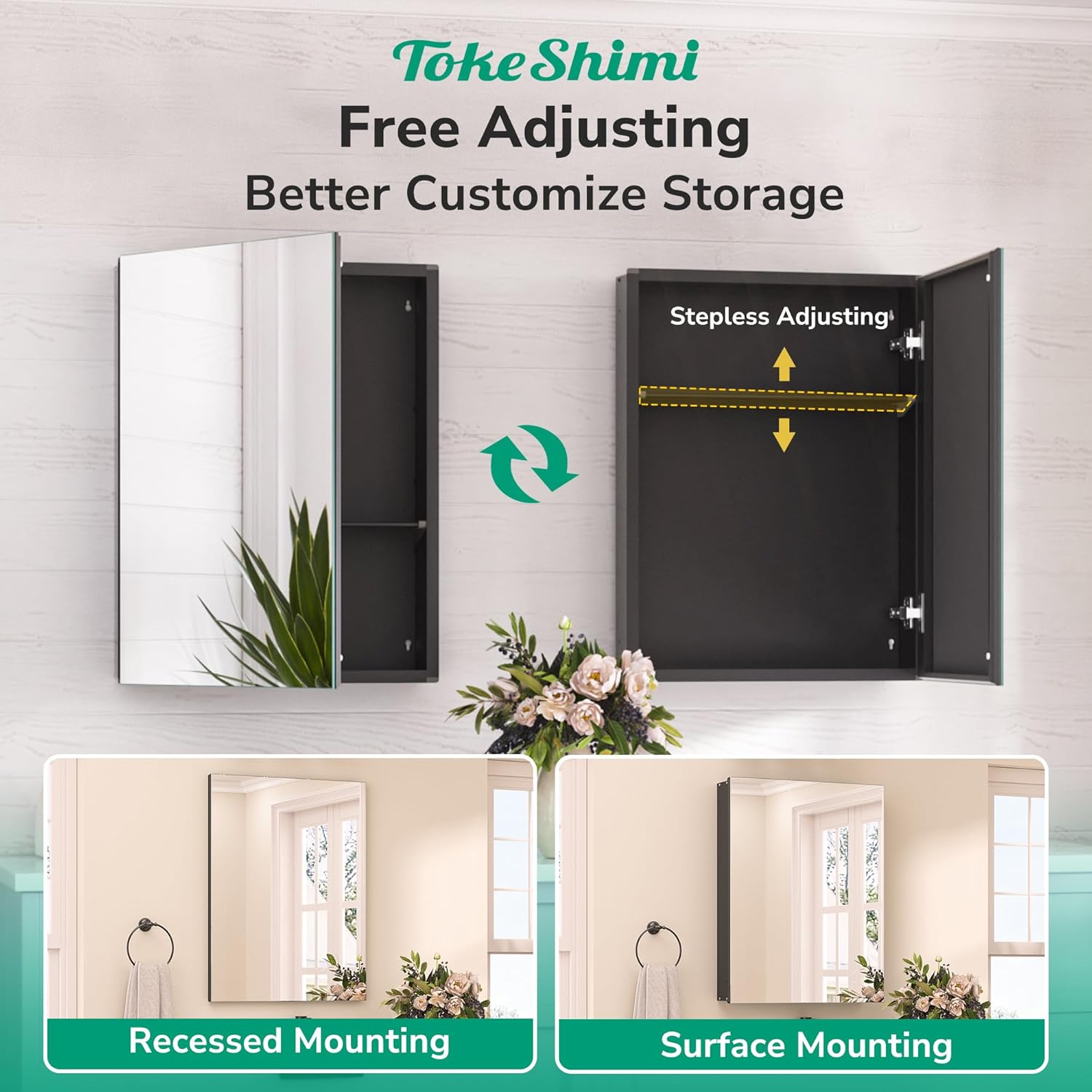 Thumbnail 5 de TokeShimi 14 x 18 Black Medicine Cabinet with Mirror — Aluminum, Wall Mounted or Recessed