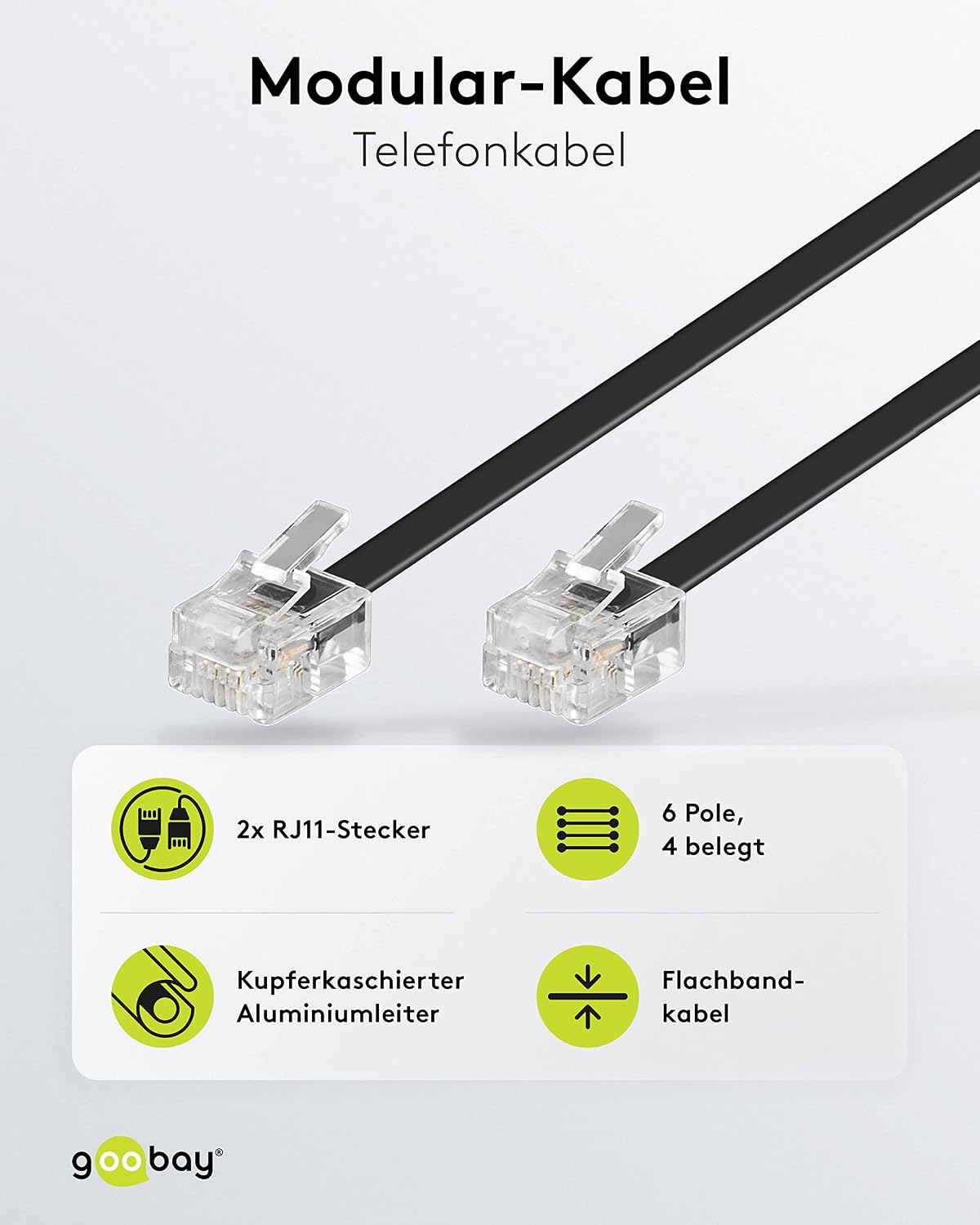 Detalle de Goobay 50317 płaski kabel modularny RJ11/RJ14 6P4C, 3 m, czarny