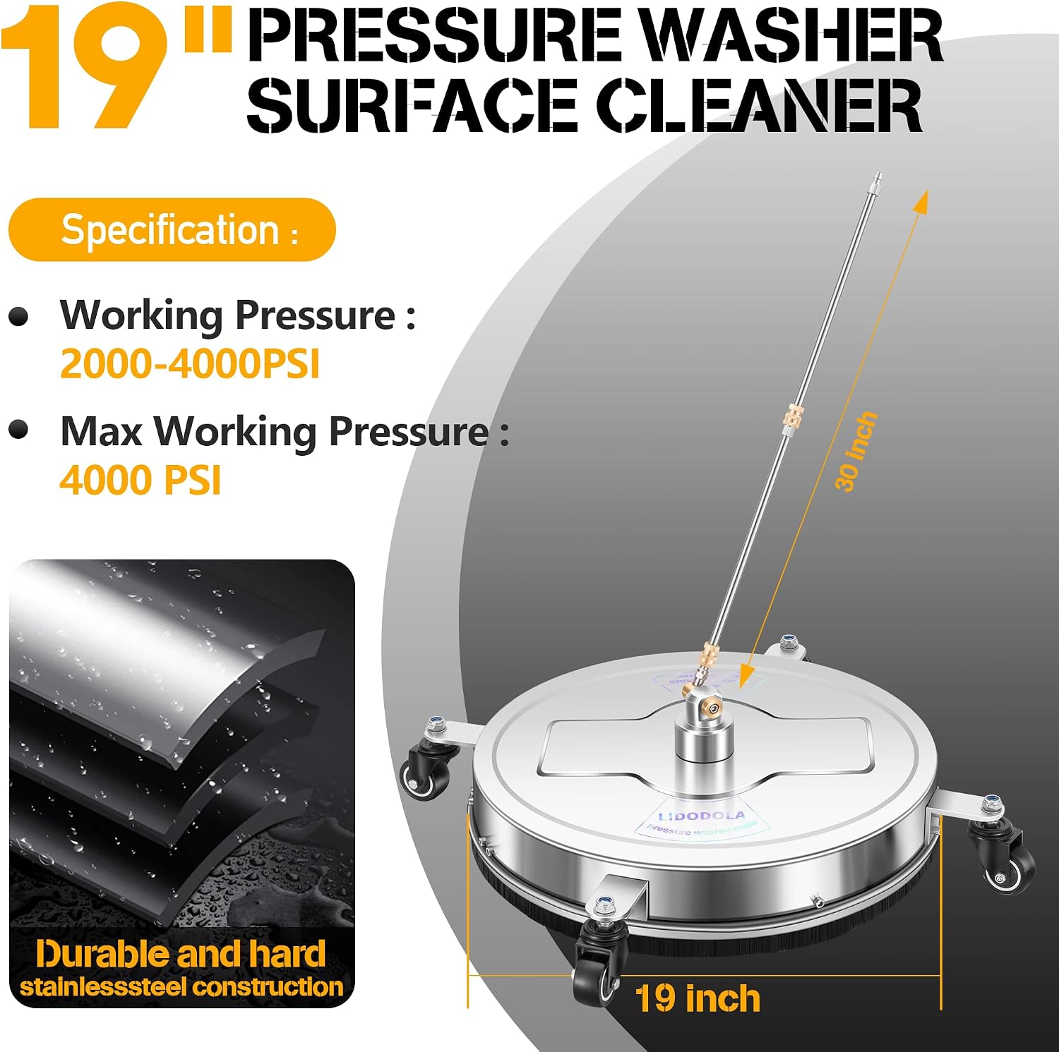 Detalle de LidoDola PWS 19-Inch Pressure Washer Surface Cleaner, Stainless Steel, 4 Wheels