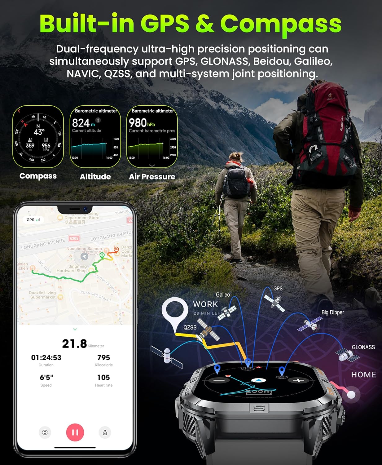 Detalle 2 de Joautrial Military Smart Watch for Men with Built-in GPS, 2.13" AMOLED and Bluetooth Calls (Black)