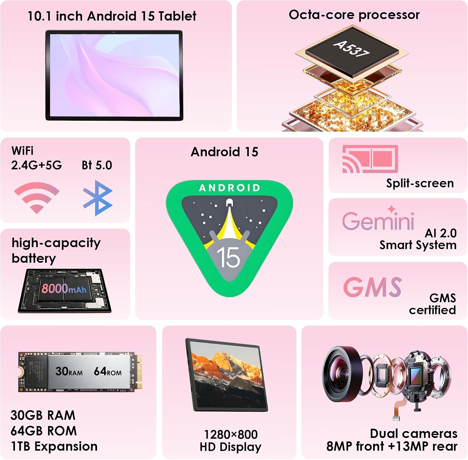 Detalle de ZENTALITY Kinder Tablet 10 Zoll mit Android 15, 30 GB RAM, 64 GB ROM + 2 TB Speicher, 8-Core, 8000 mAh, 5G-WLAN, Elterliche Kontrolle – Rosa