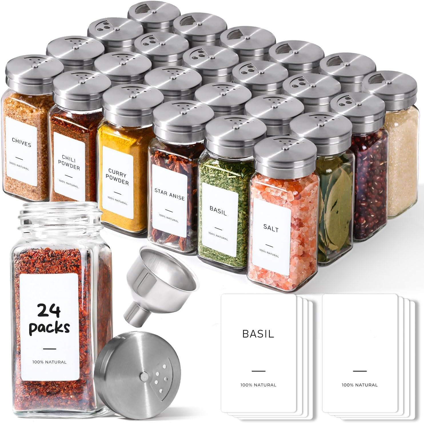 Detalle de ComSaf Glass Spice Jars with Shaker Lids – 24 Pack, 4 oz Square Jar Set