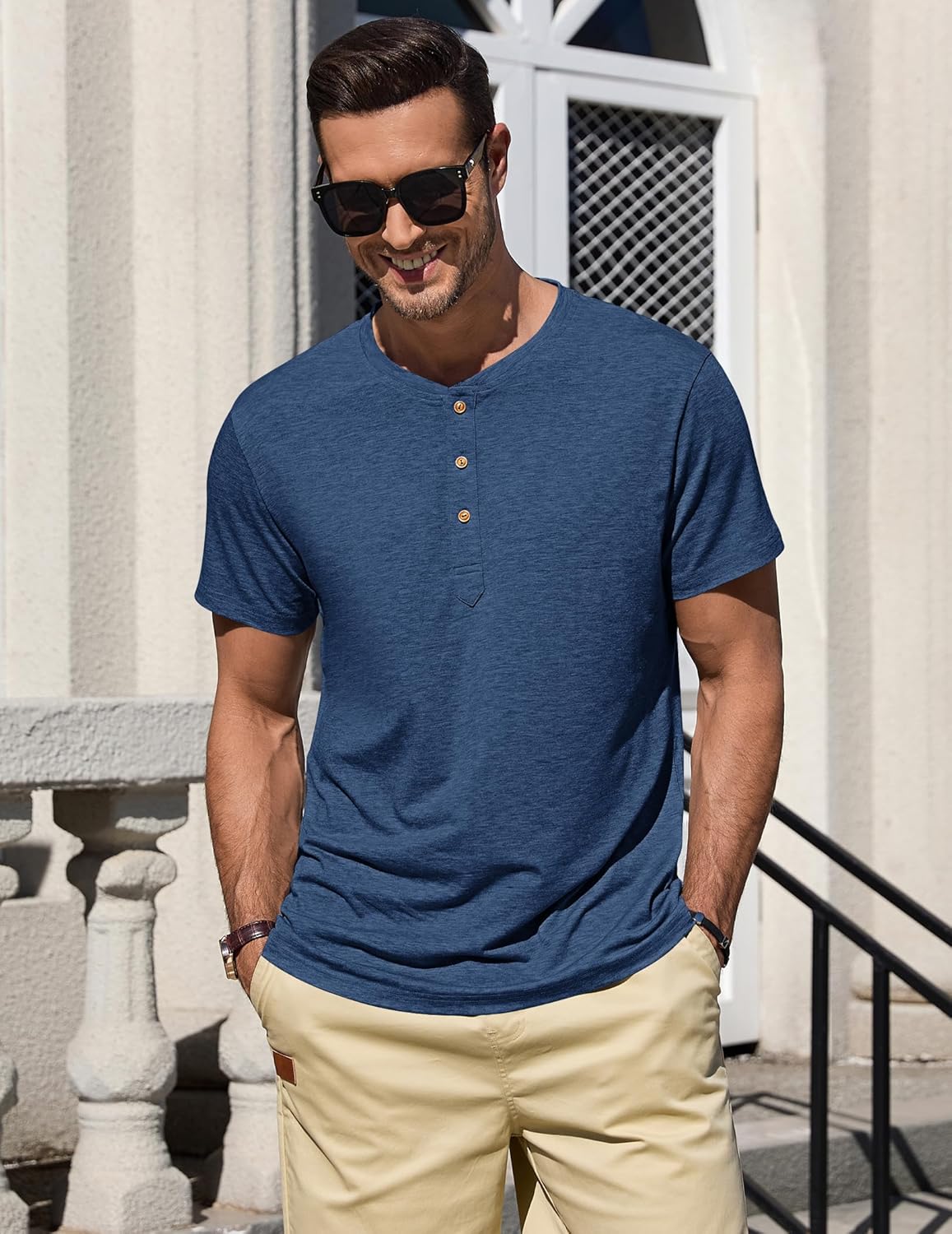 Detalle de TARAINYA Henley Shirt Herren – Baumwolle, 3-Knopf-Design, Kurzarm, M–4XL