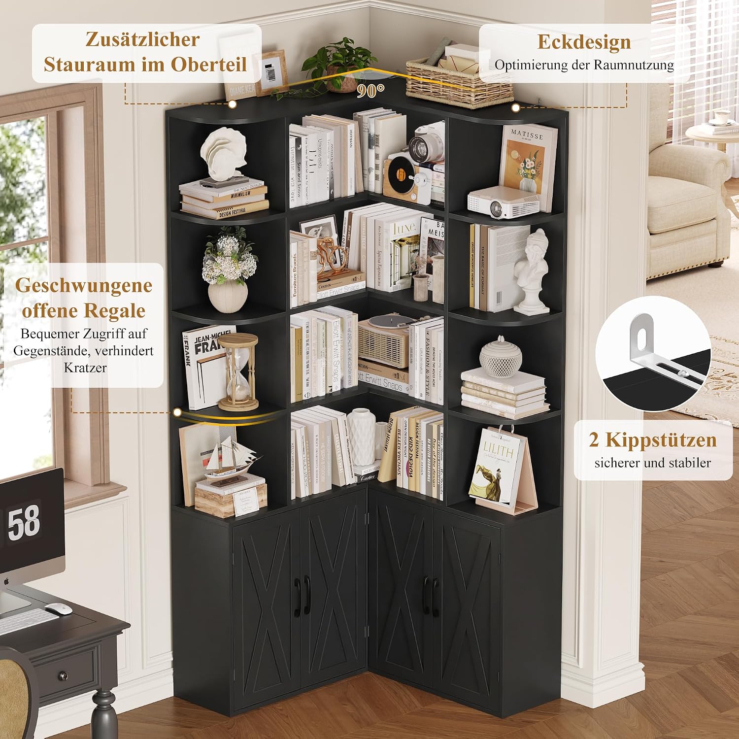 Thumbnail 5 de FirFurd P745 Corner Bookcase, Black, 17 Shelves and 4 Doors