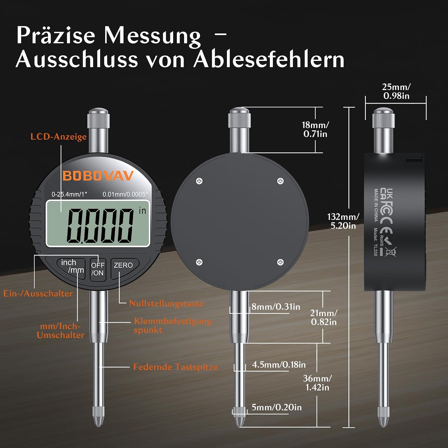 Thumbnail 4 de BOBOVAV Digitale Messuhr 0–25,4 mm/1'' mit LCD-Display – Präzise, flexibel und wartungsarm