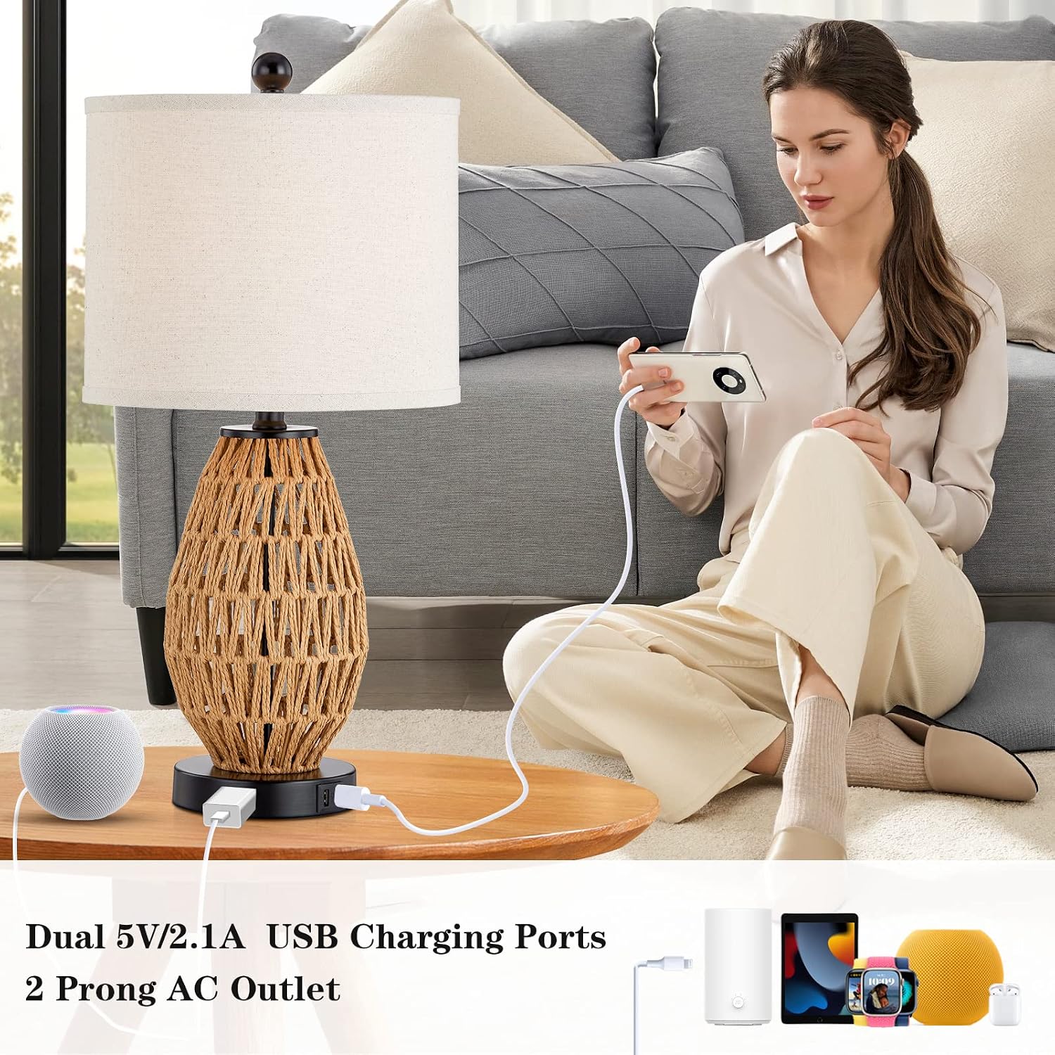 Detalle de CINSARY KN-TL-2201 Rattan Table Lamps, 3-Way Touch Dimming, USB & AC Outlet