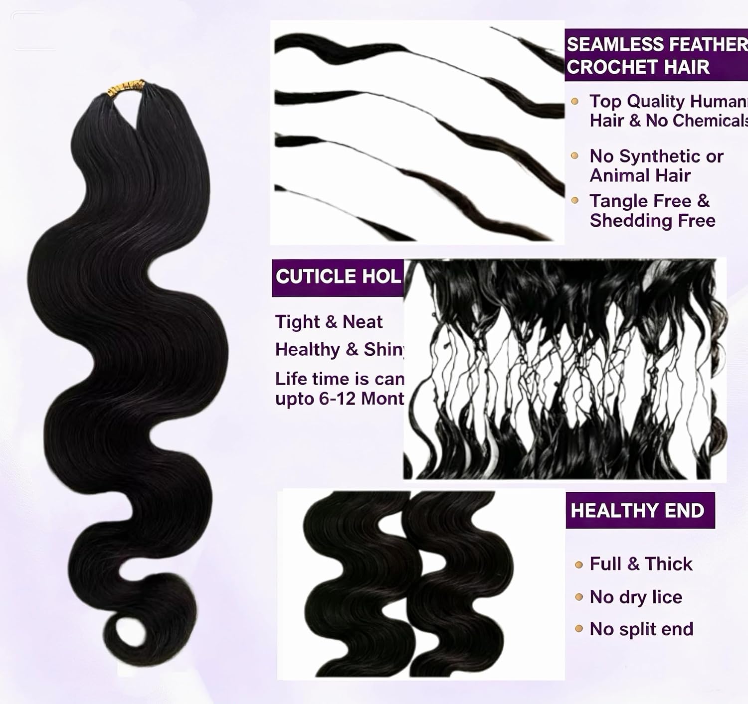 Detalle 2 de Body Wave Feather Crochet Human Hair Extensions - 2 Pack, 16 inch, 120g