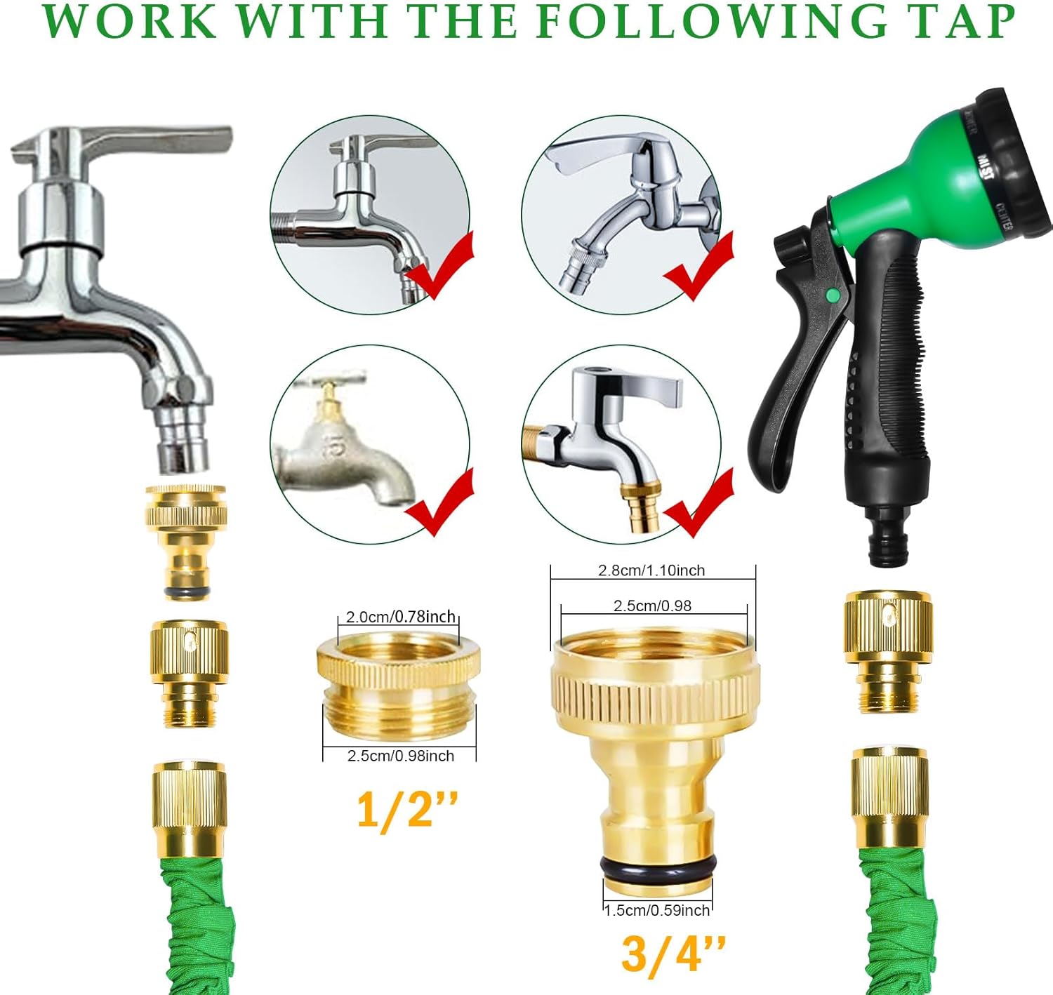 Thumbnail 5 de Expandable Garden Hose Pipe 100FT with 8-Pattern Spray Nozzle and 3/4"–1/2" Solid Brass Fittings (Green)