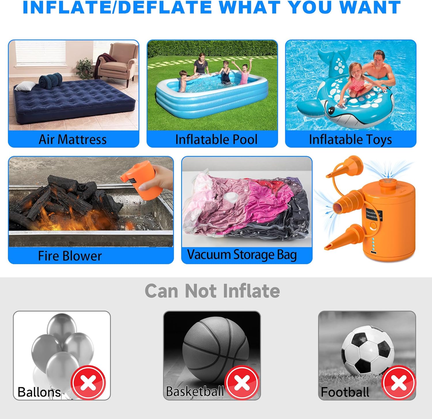 Detalle de Electric Air Pump for Inflatables (4000mAh) – Cordless pump with 3 nozzles for airbeds, paddling pools and more