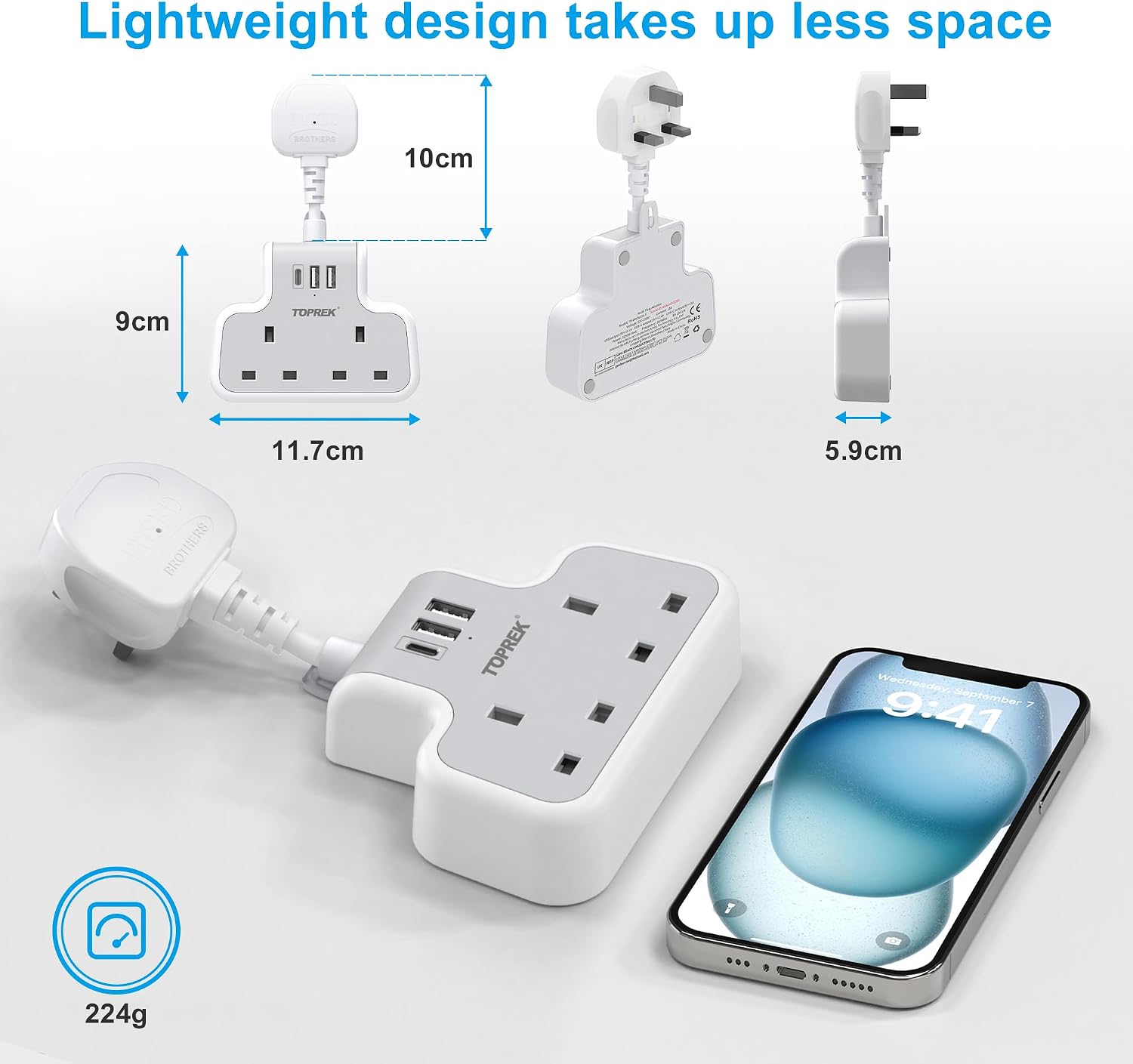 Thumbnail 5 de TOPREK 6.2cm Short Extension Lead with USB Ports: A Compact 5‑In‑1 Wall Socket for Home, Office and Travel