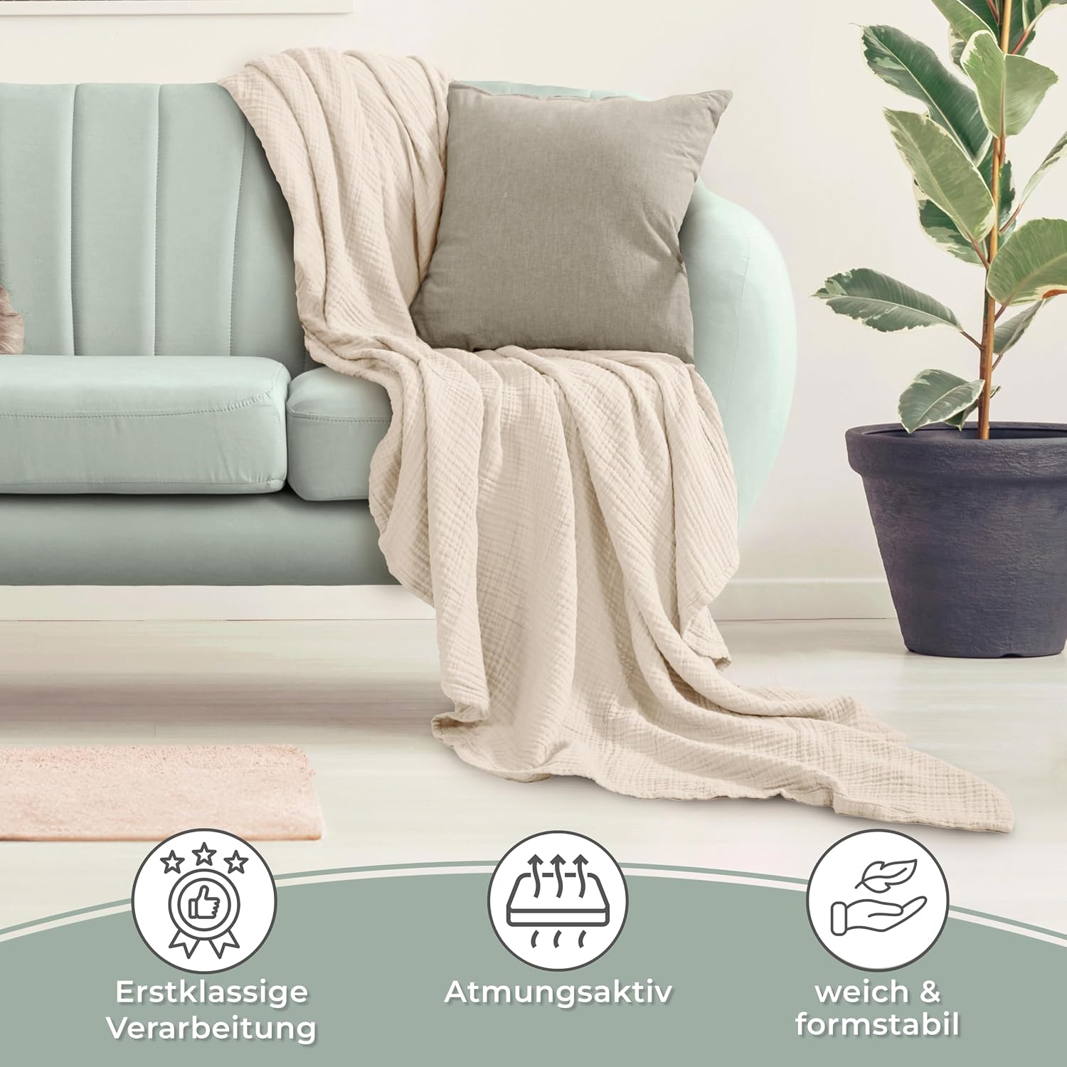 Detalle de LAYNENBURG Premium Musselin Tagesdecke 150x200 cm (100% Baumwolle) – extraweiche Sommerdecke in Altrosa