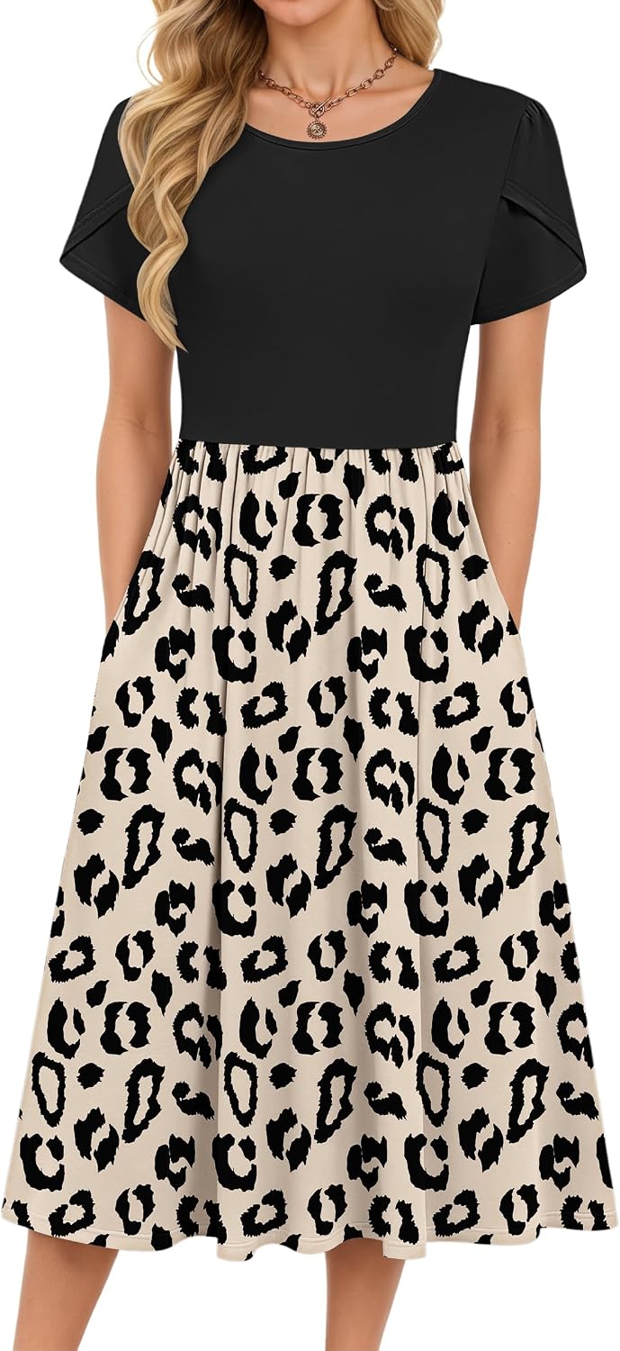 Detalle de MOLERANI Damen Sommerkleider – Kurzarm Rundhals Midikleid mit Taschen, A‑Linie, knie-/Knielänge