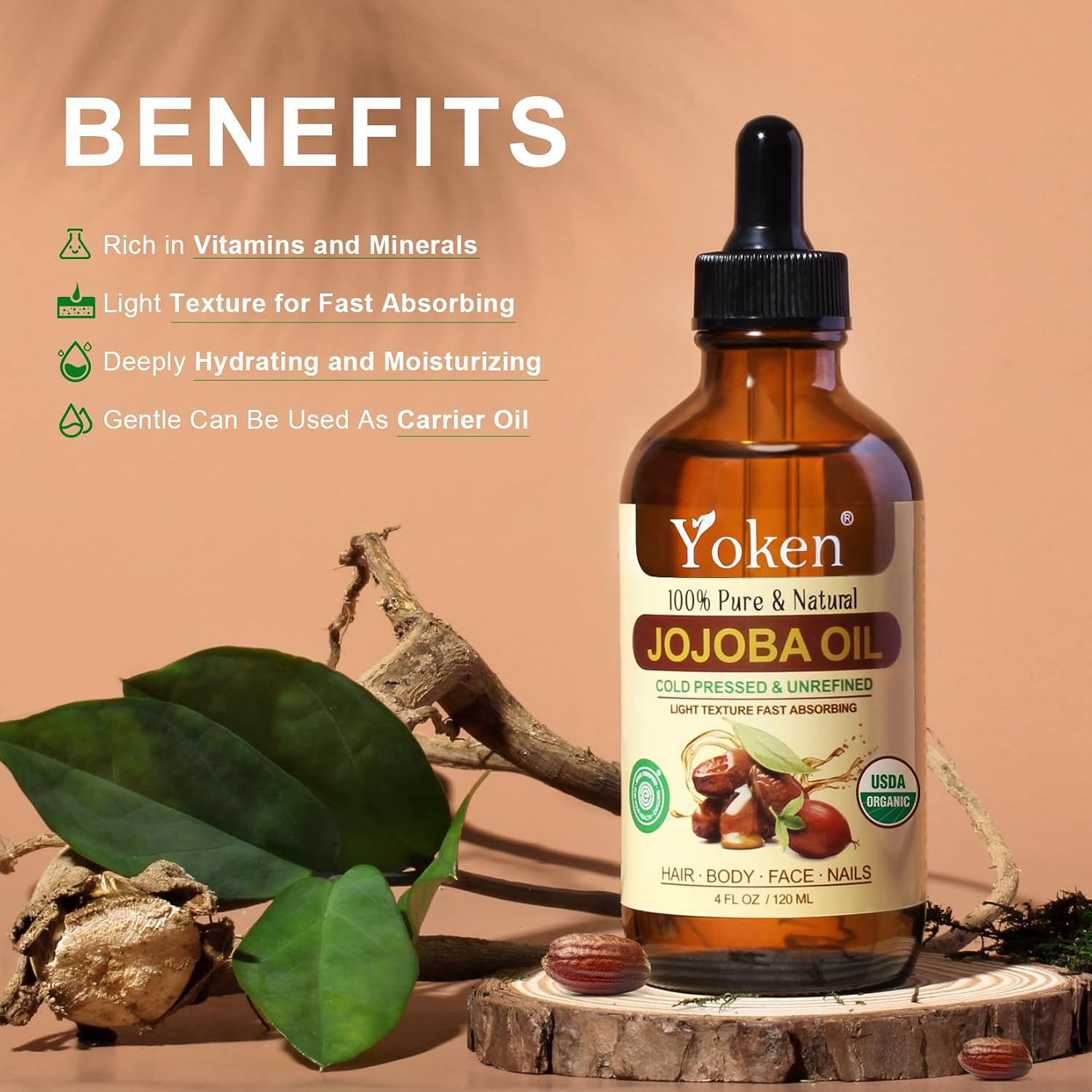 Detalle de Yoken 4oz Jojoba Oil (EWG Verified) — 100% Pure Cold-Pressed Jojoba Oil for Face, Hair, Nails & Skin