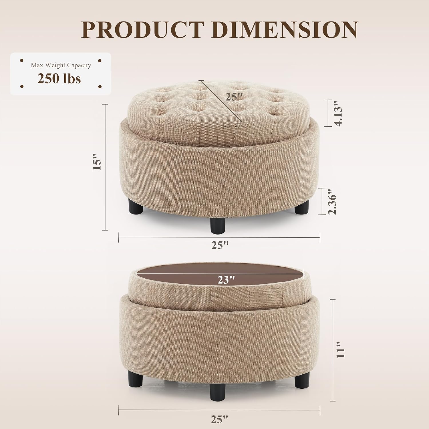 Detalle de COLAMY VC-K311-CAM-FB Round Storage Ottoman with Reversible Tray Lid, Camel