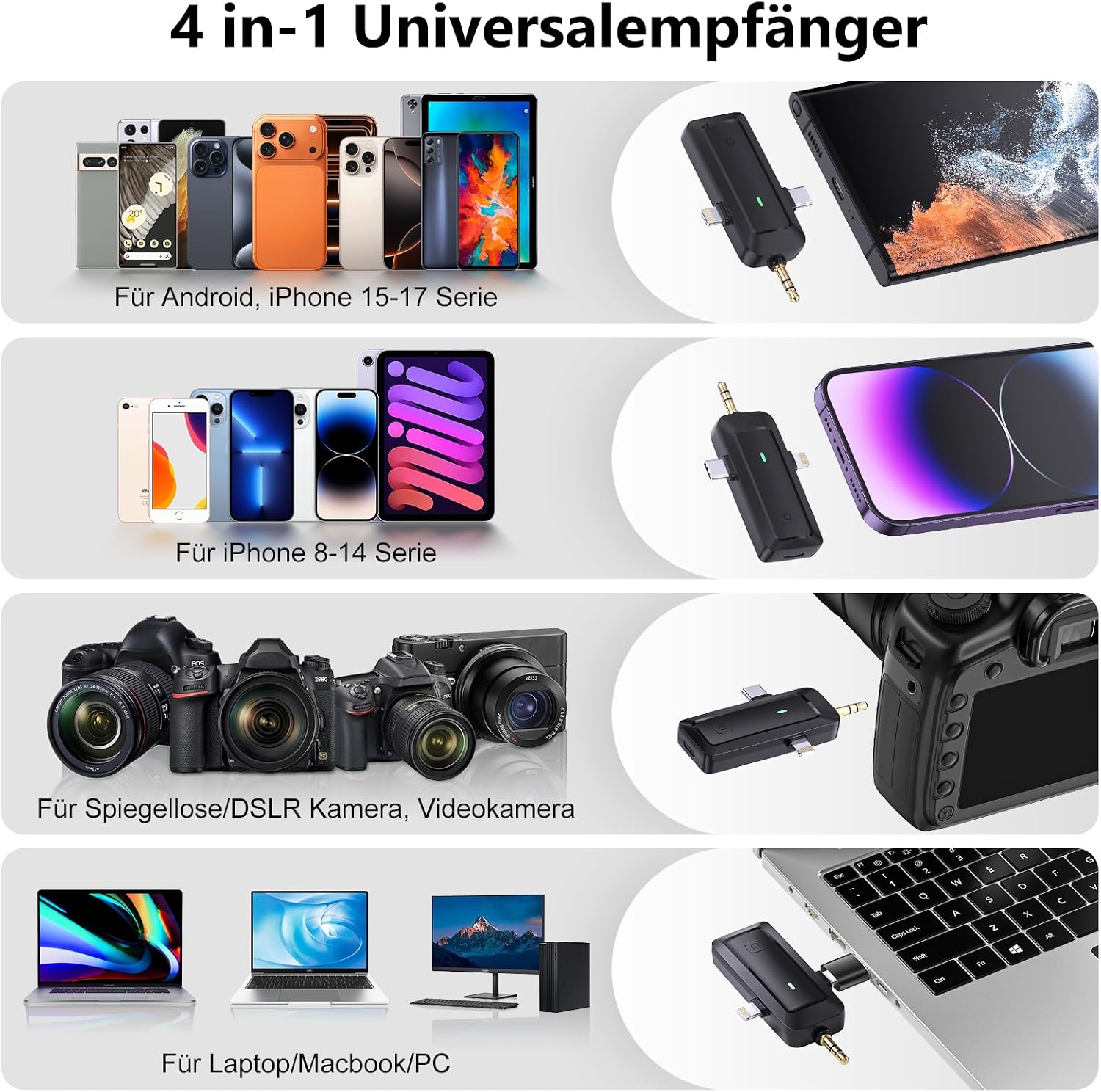Detalle de QINOJA Wireless Lavalier Mikrofon 4-in-1 für iPhone, Handy, Kamera und Computer – kabelloses Ansteckmikrofon