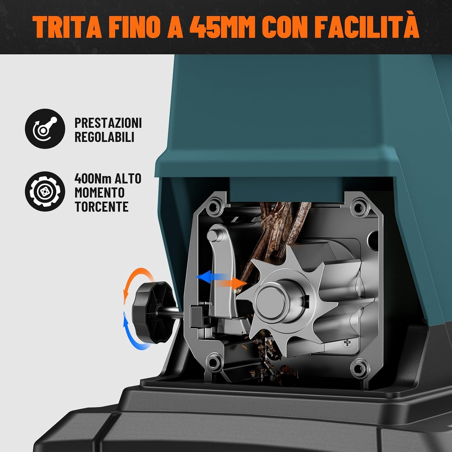 Detalle de DOVAMAN GT10 Trituratore Rami: potenza brushless da 2800W e triturazione fino a 45 mm