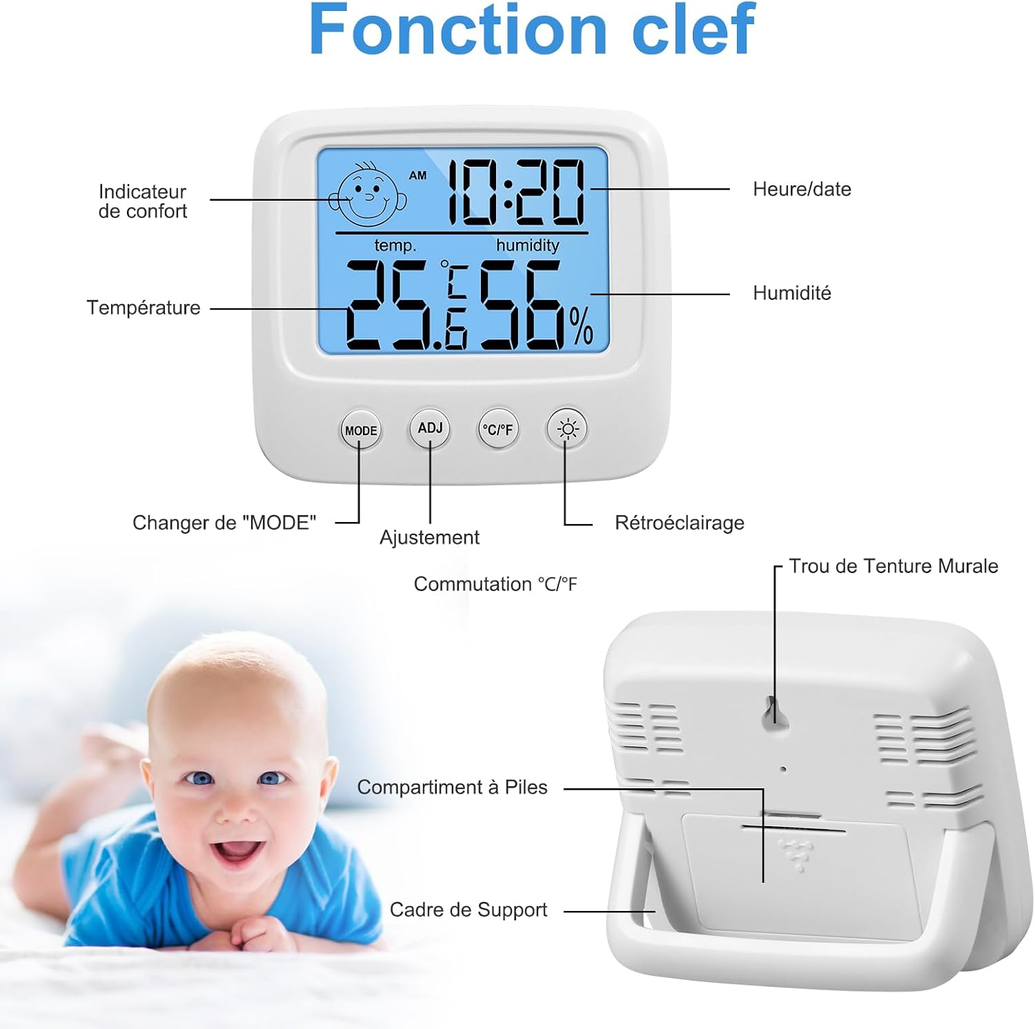 Detalle 2 de Vinabo High Accuracy Digital Thermometer Hygrometer (Indoor Desktop Monitor with Backlight Clock)