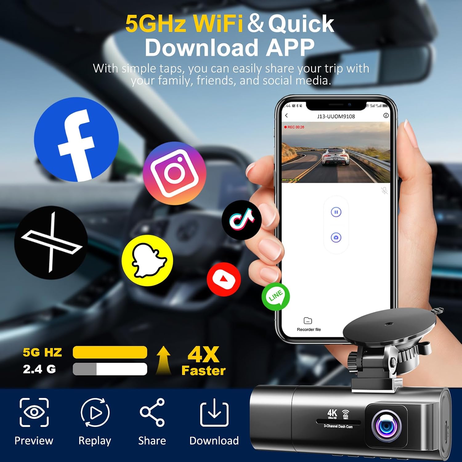 Thumbnail 3 de 3-Channel 4K dash cam 64GB WiFi with G-sensor